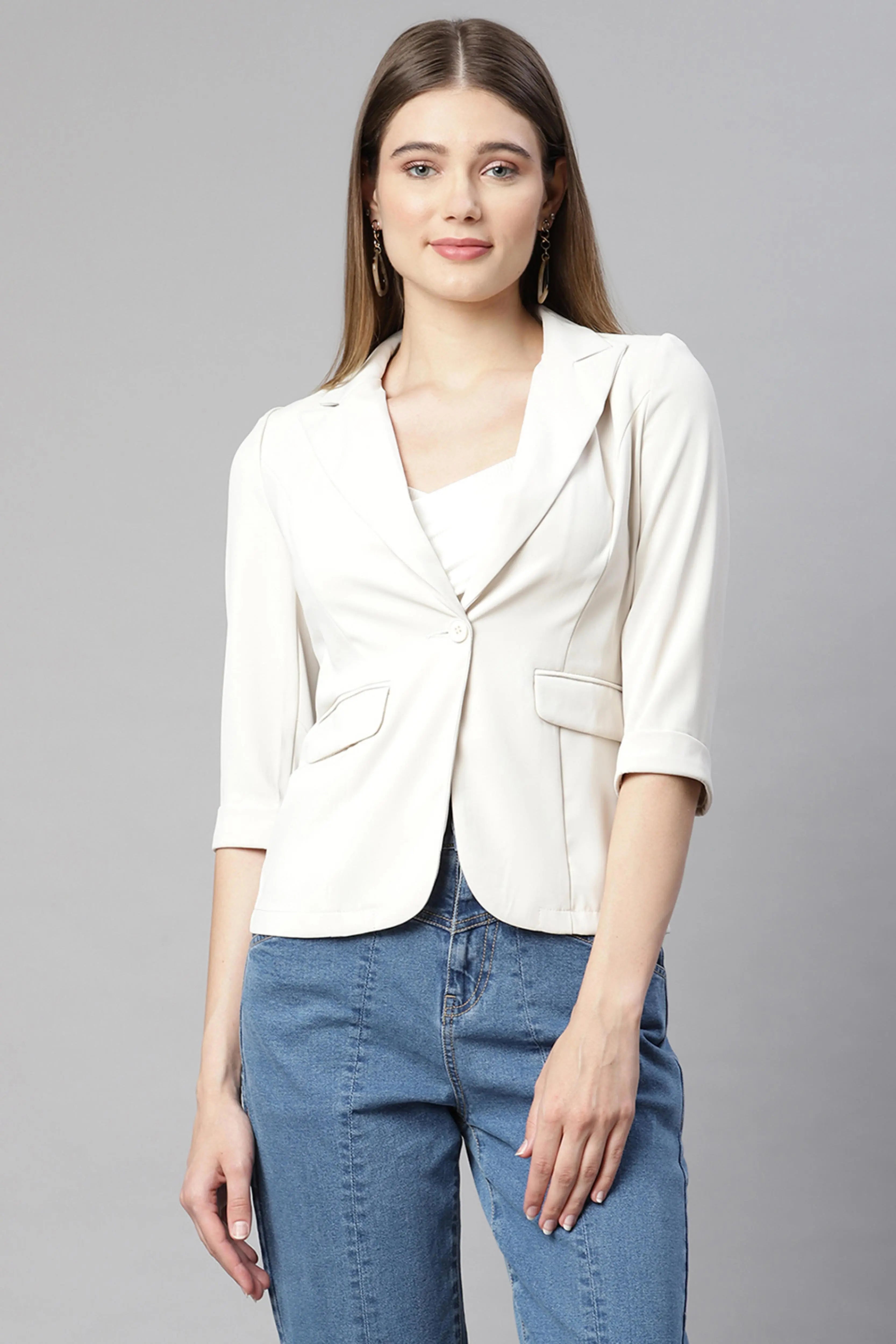 Beige Regular Fit Formal Blazer - Global Republic