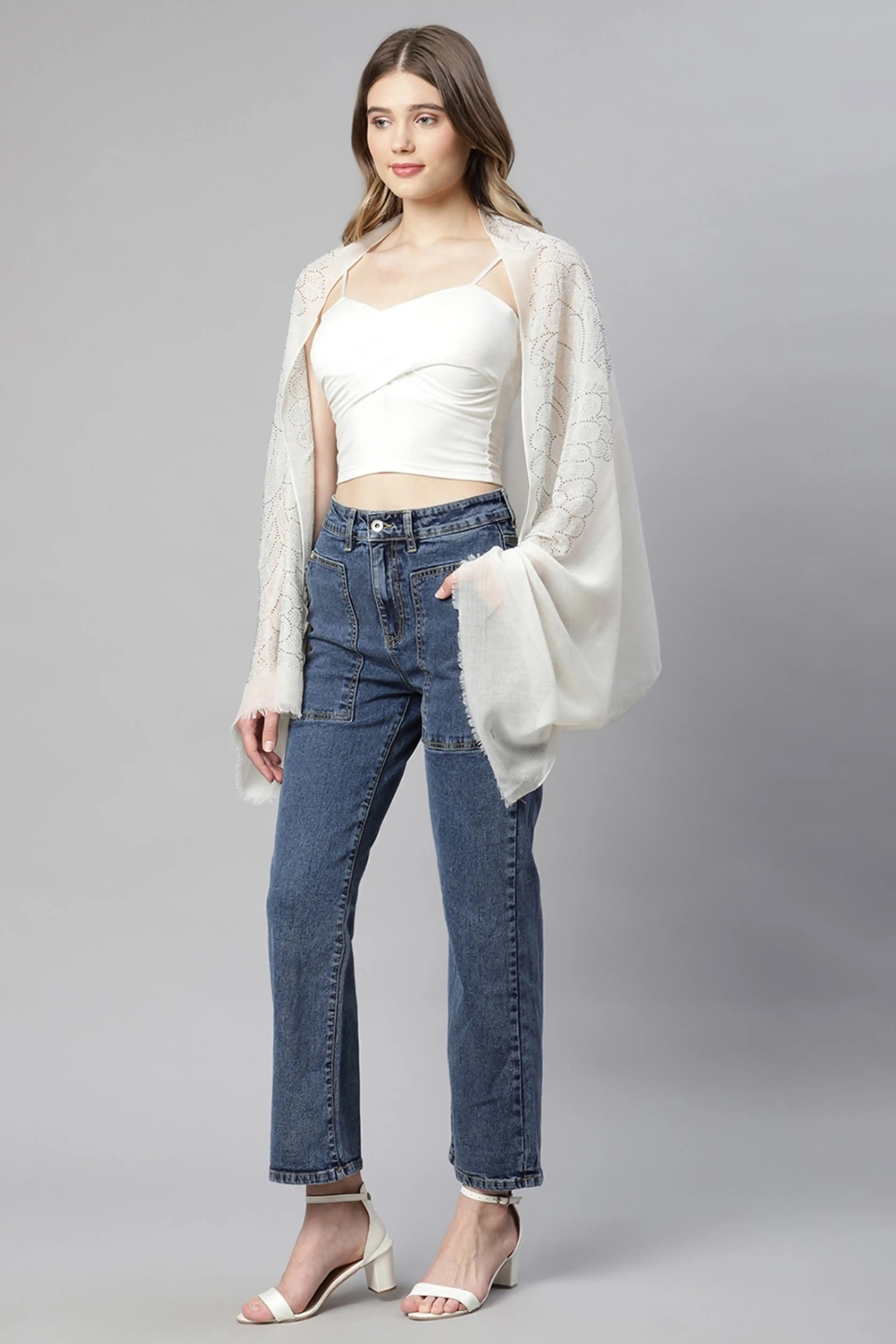 Women White Aplic Work Stole