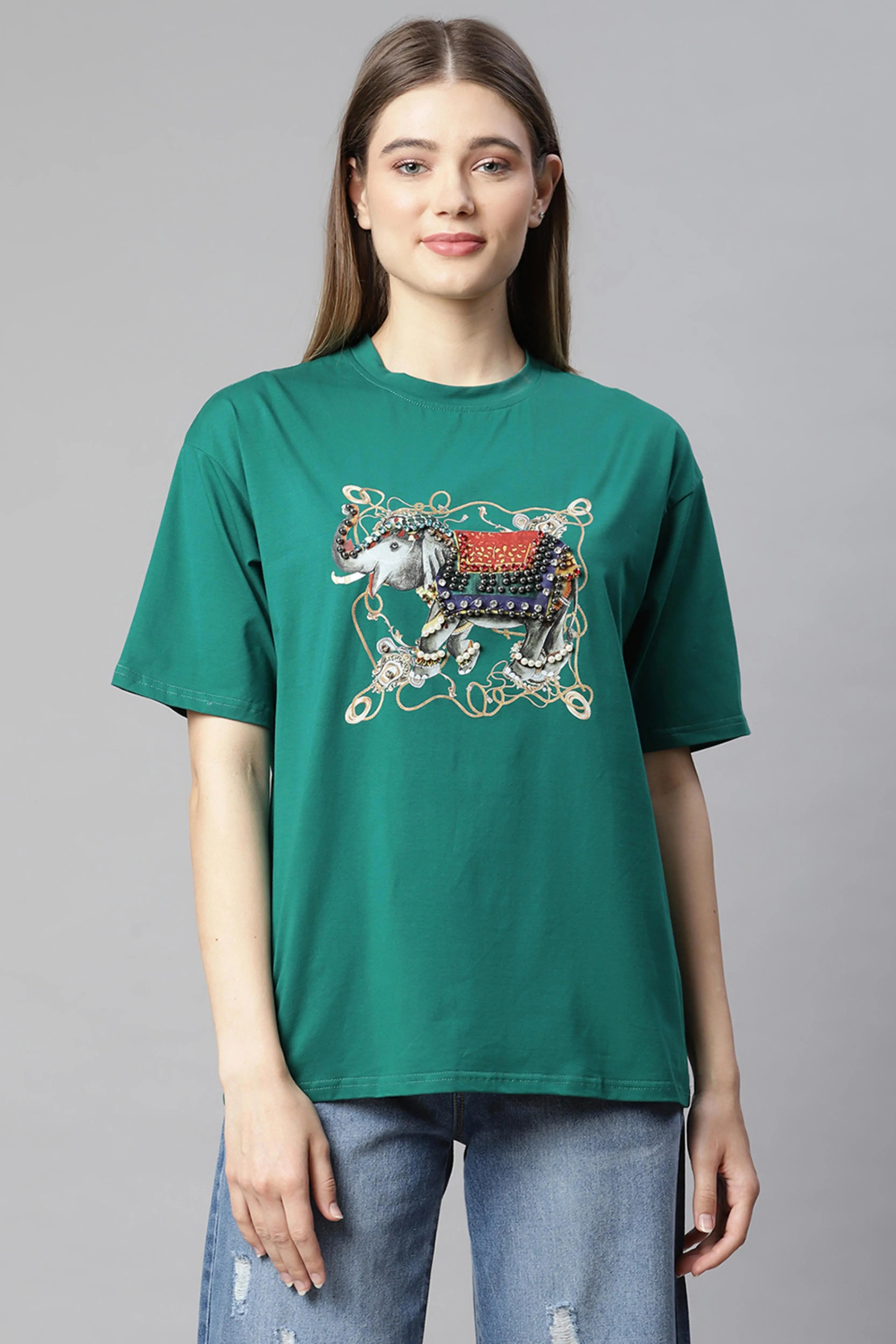 women animation printed green t shirt