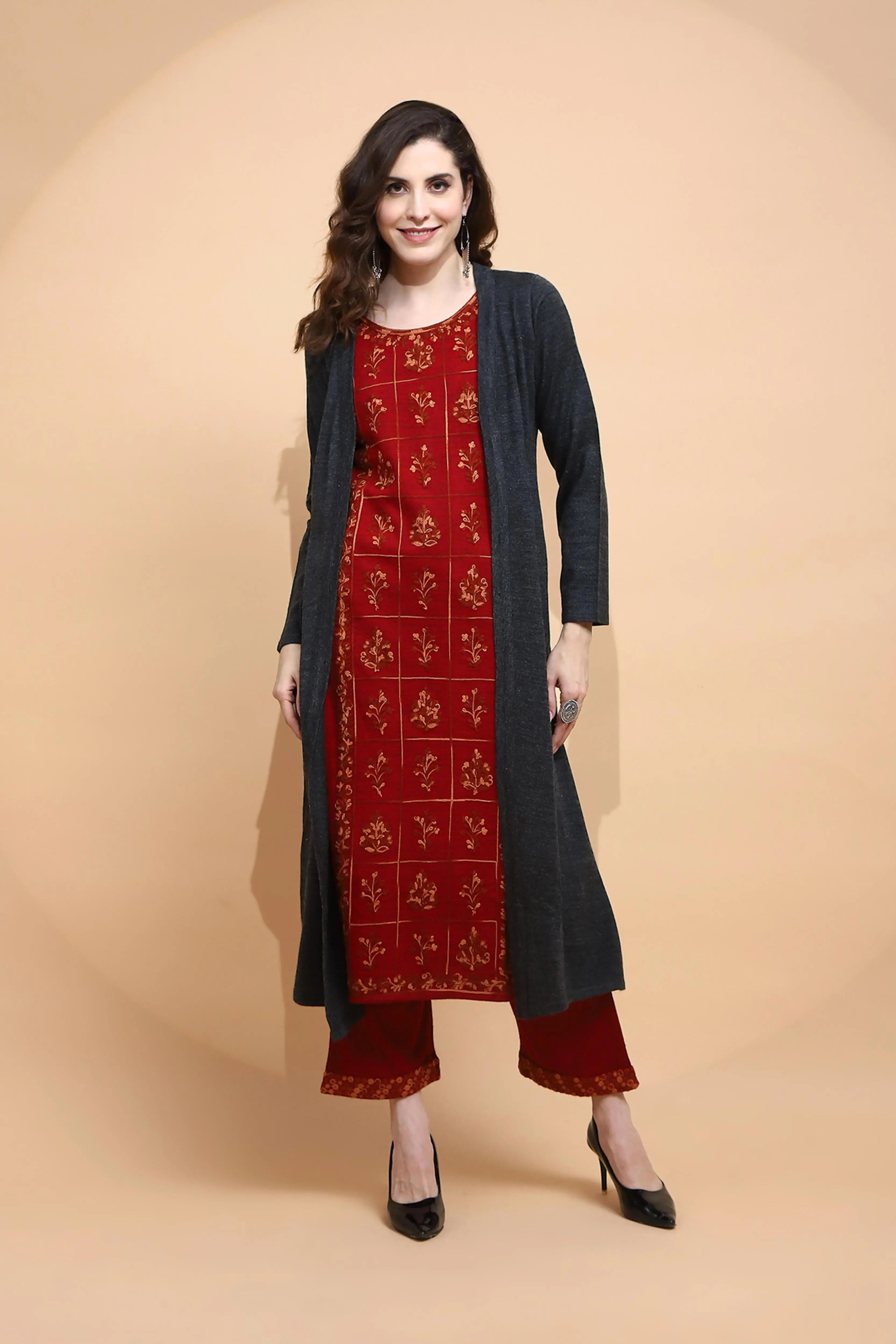 Maroon Embroidered Woolen Kurta - Global Republic