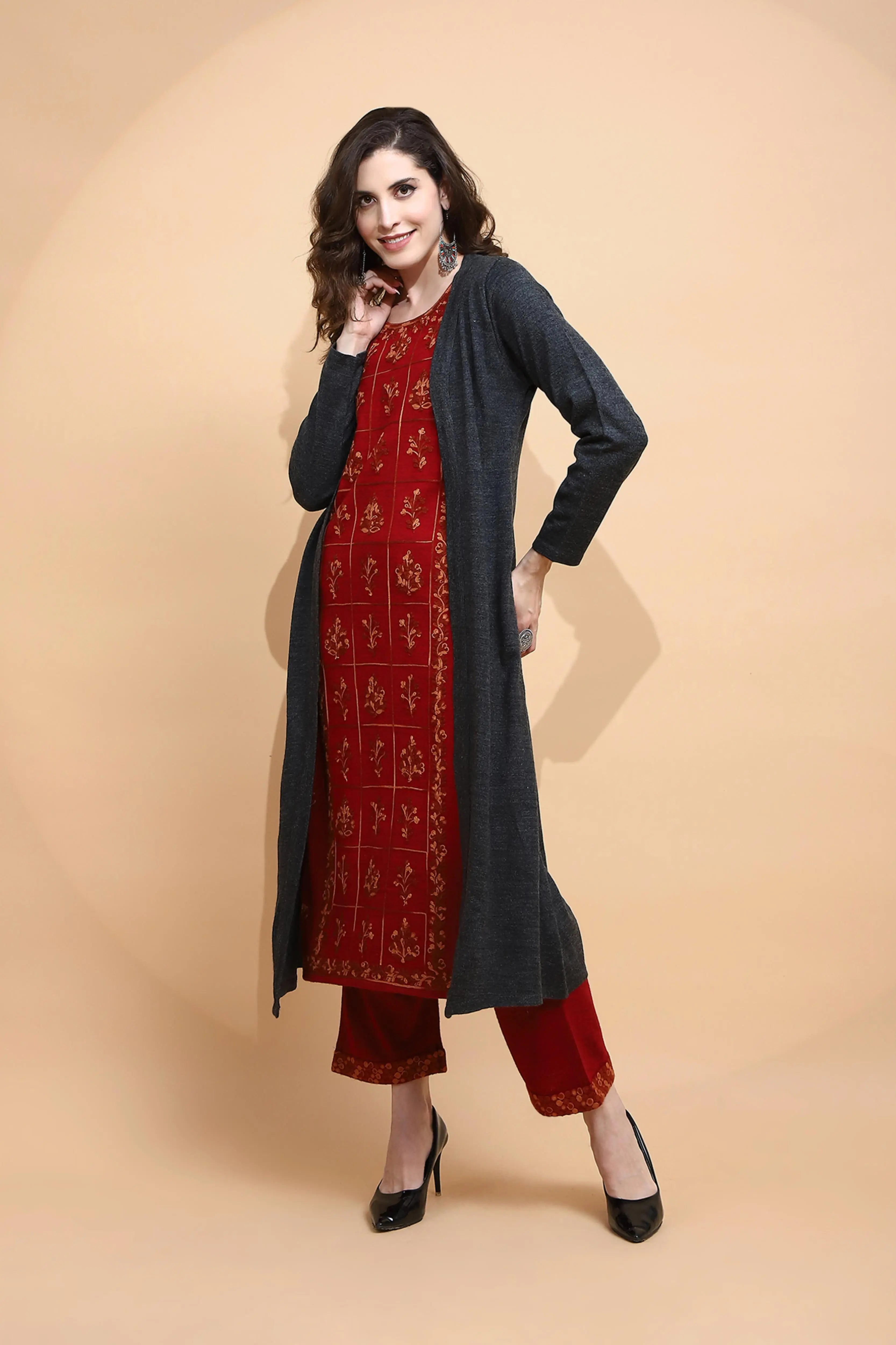 Maroon Embroidered Woolen Kurta - Global Republic