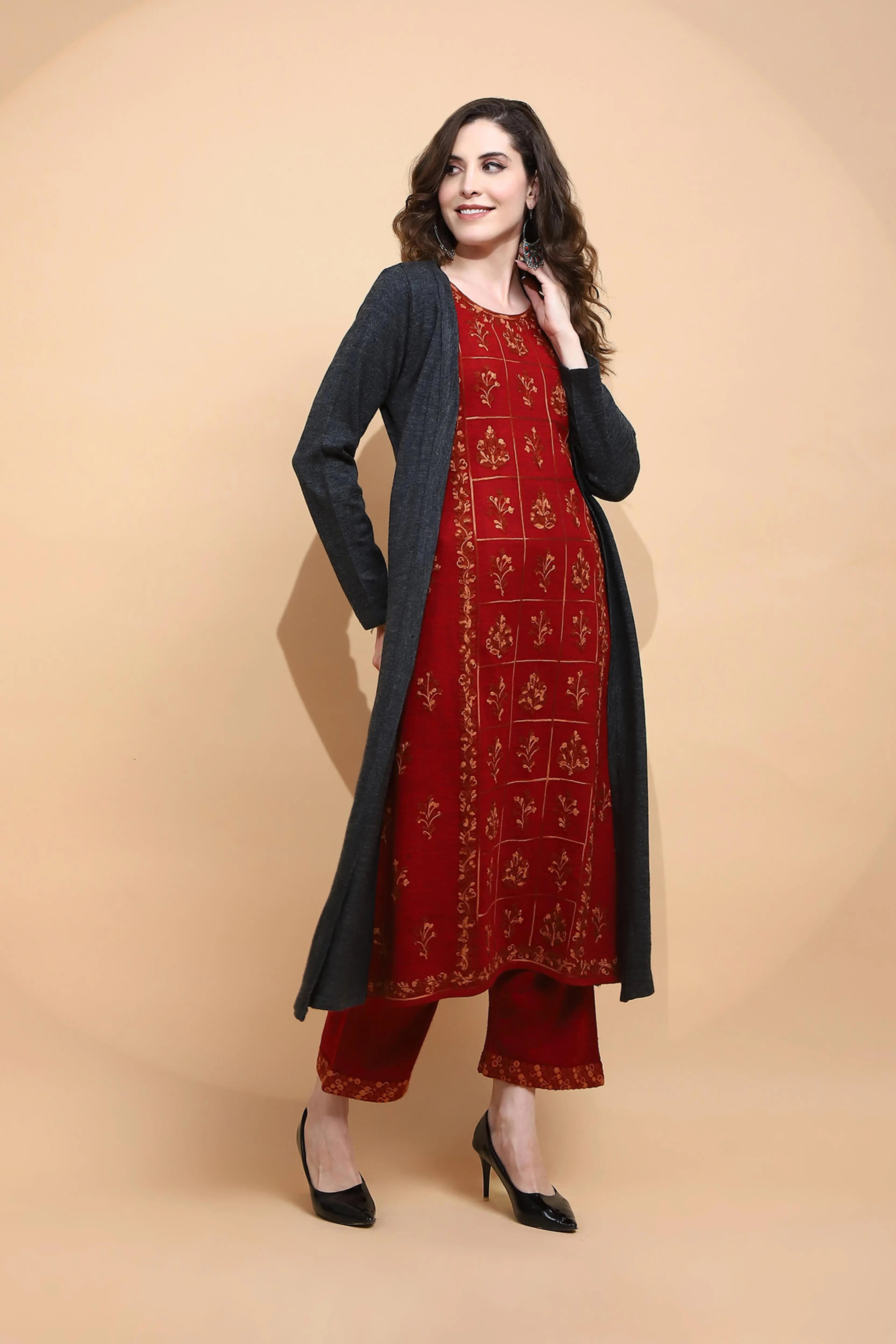 Maroon Embroidered Woolen Kurta - Global Republic