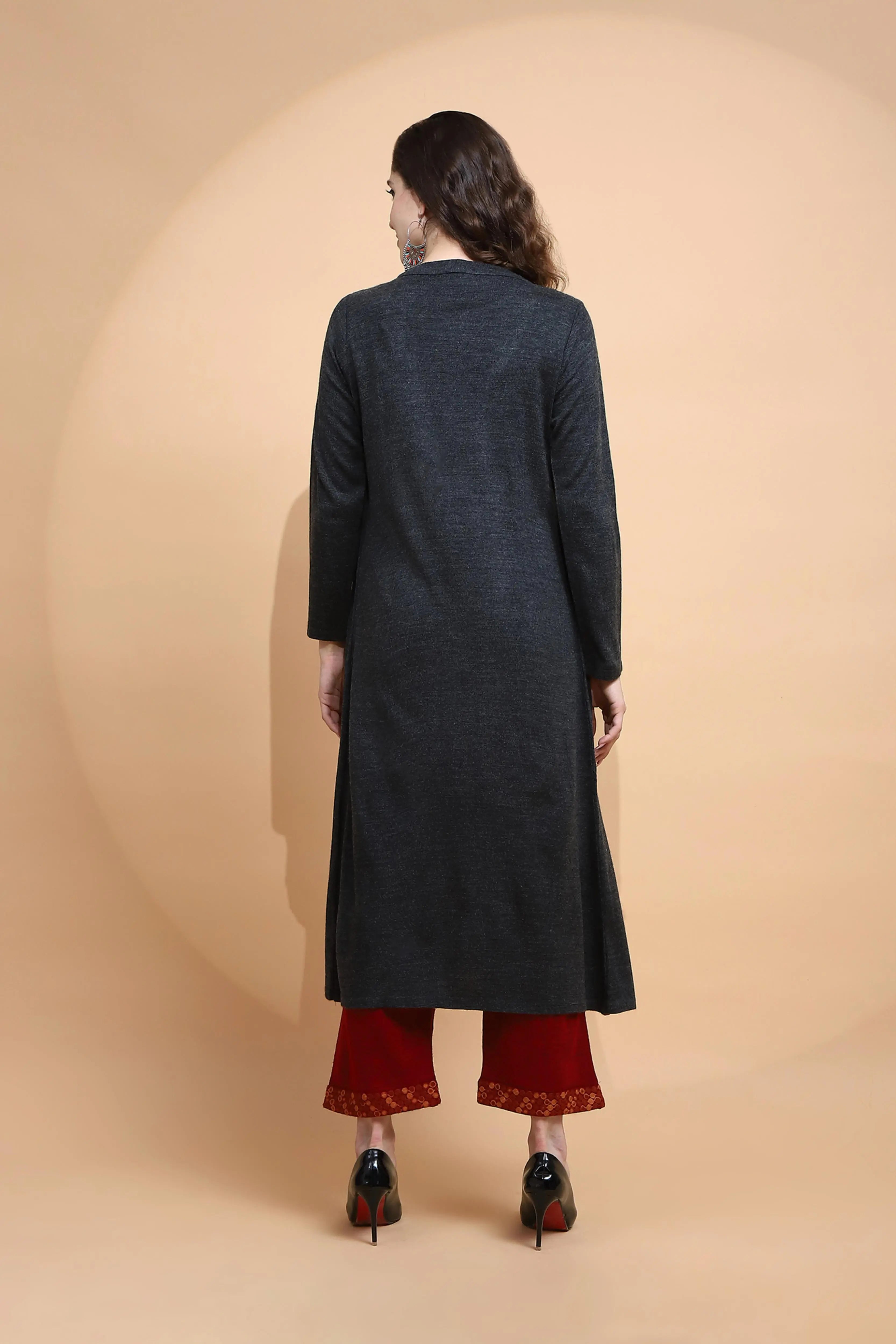 Maroon Embroidered Woolen Kurta - Global Republic