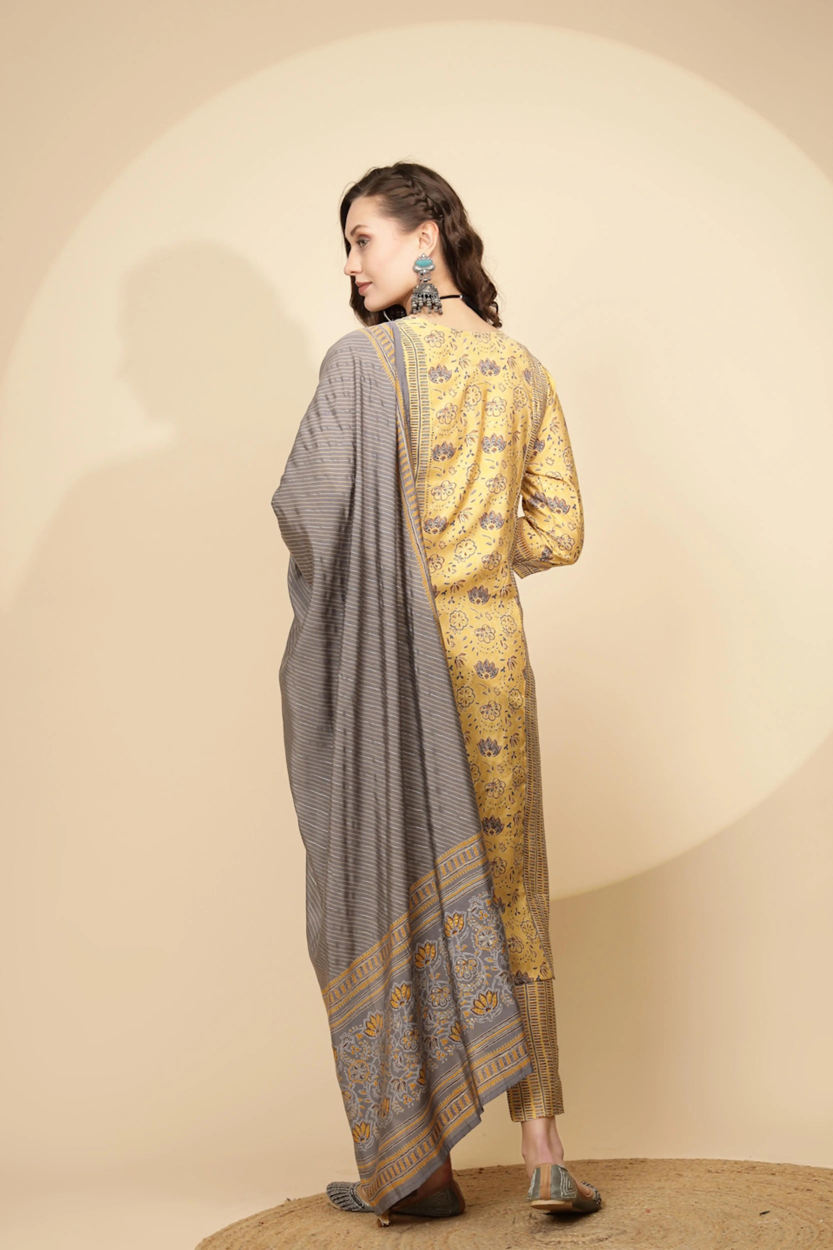 Yellow Cotton Suit Set For Women - Global Republic