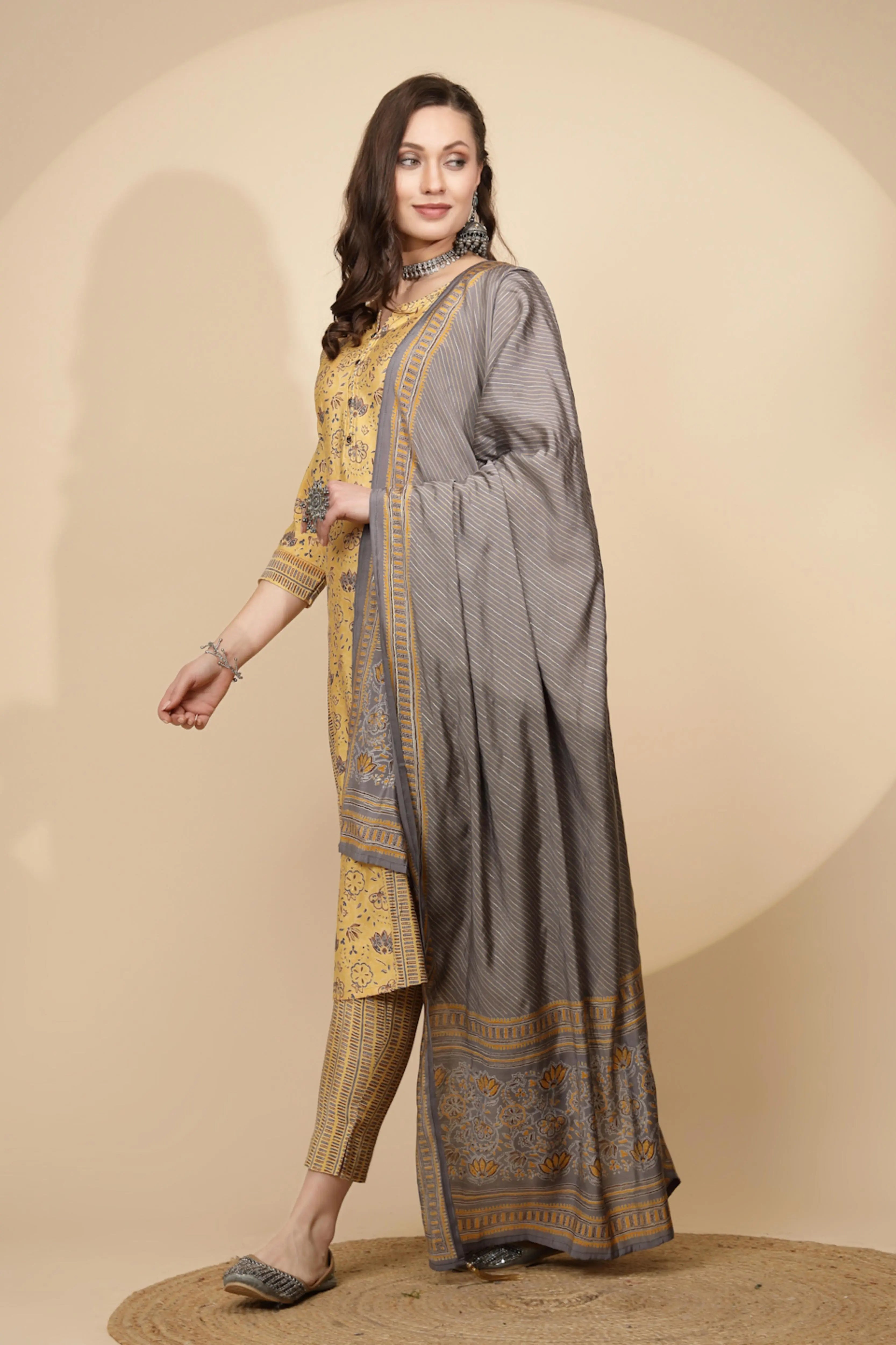 Yellow Cotton Suit Set For Women - Global Republic