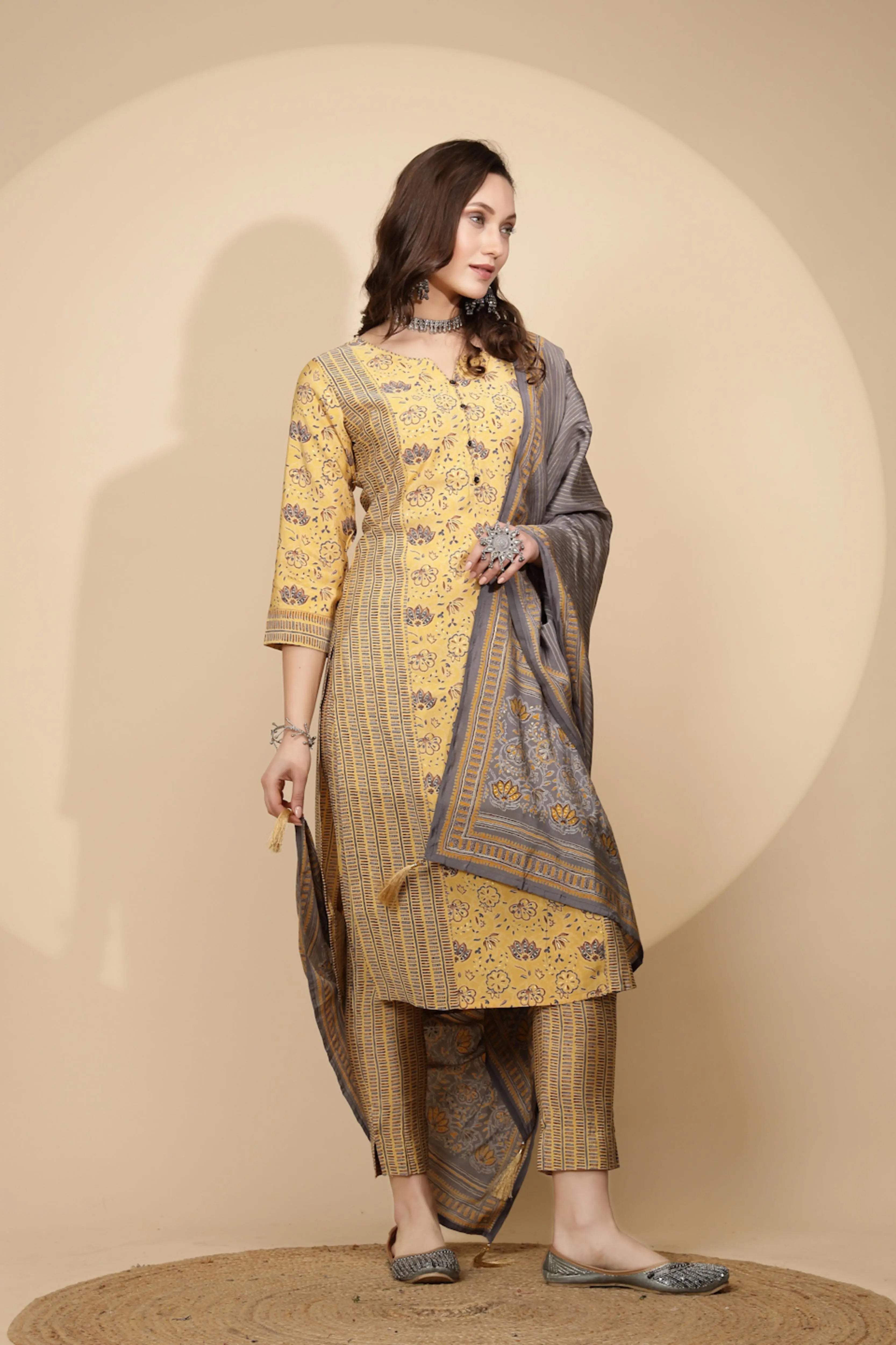 Yellow Cotton Suit Set For Women - Global Republic