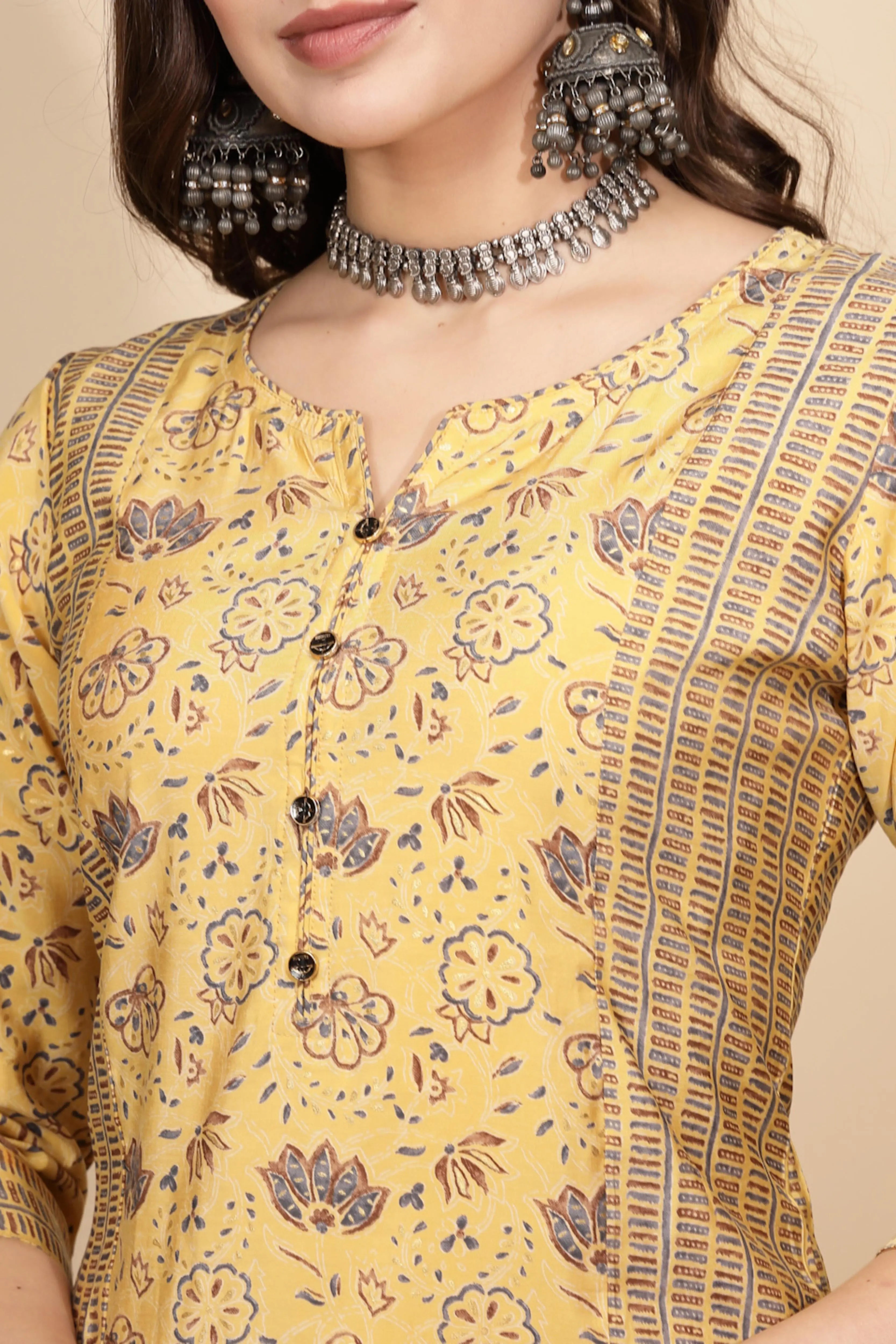 Yellow Cotton Suit Set For Women - Global Republic