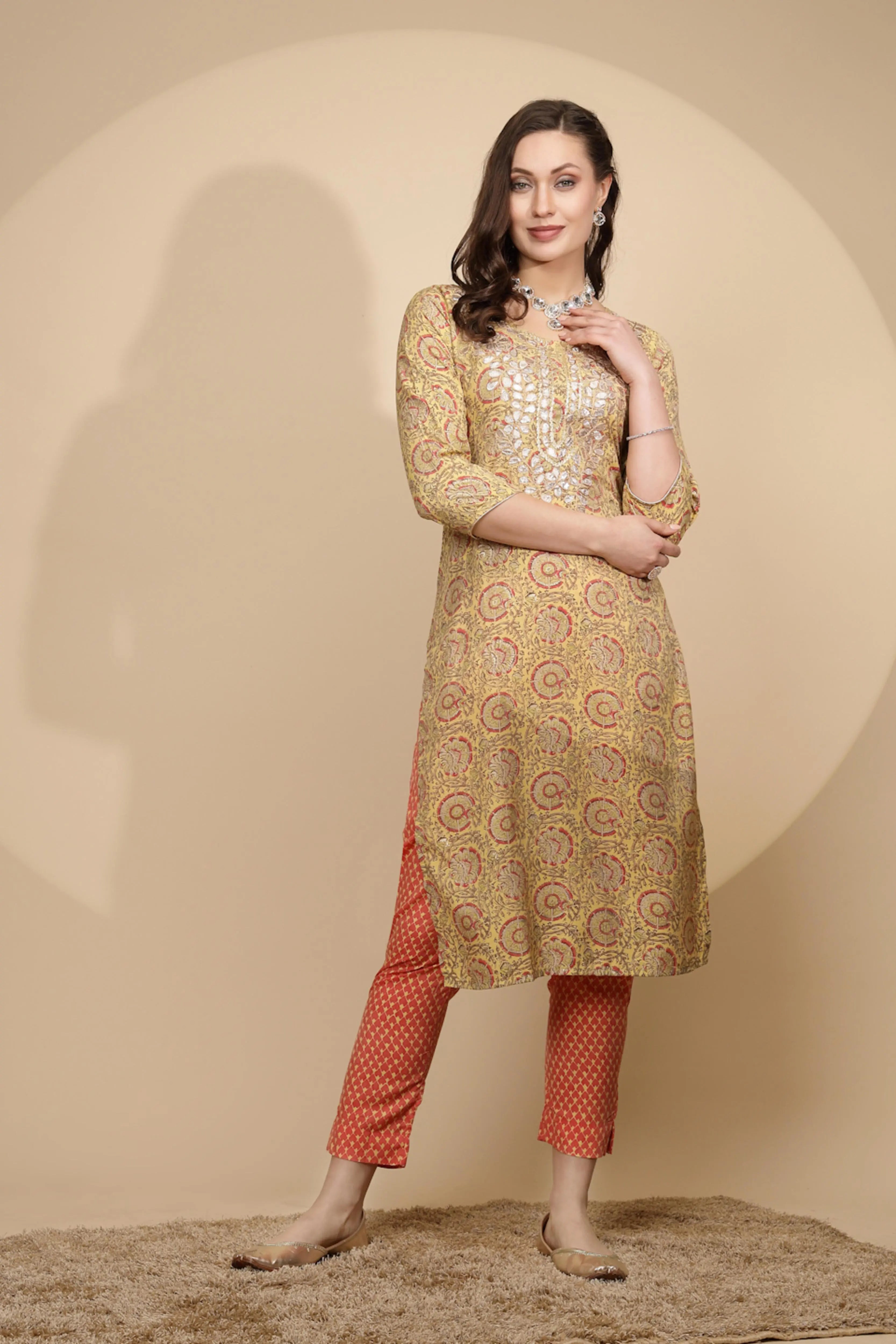 Yellow Printed Cotton Blend Kurta Set - Global Republic
