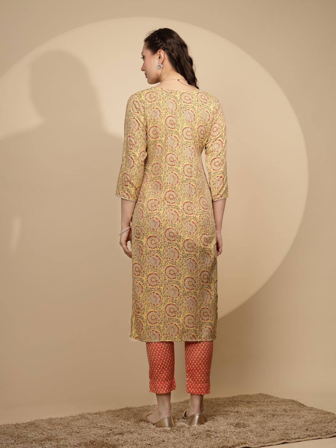 Yellow Printed Cotton Blend Kurta Set - Global Republic