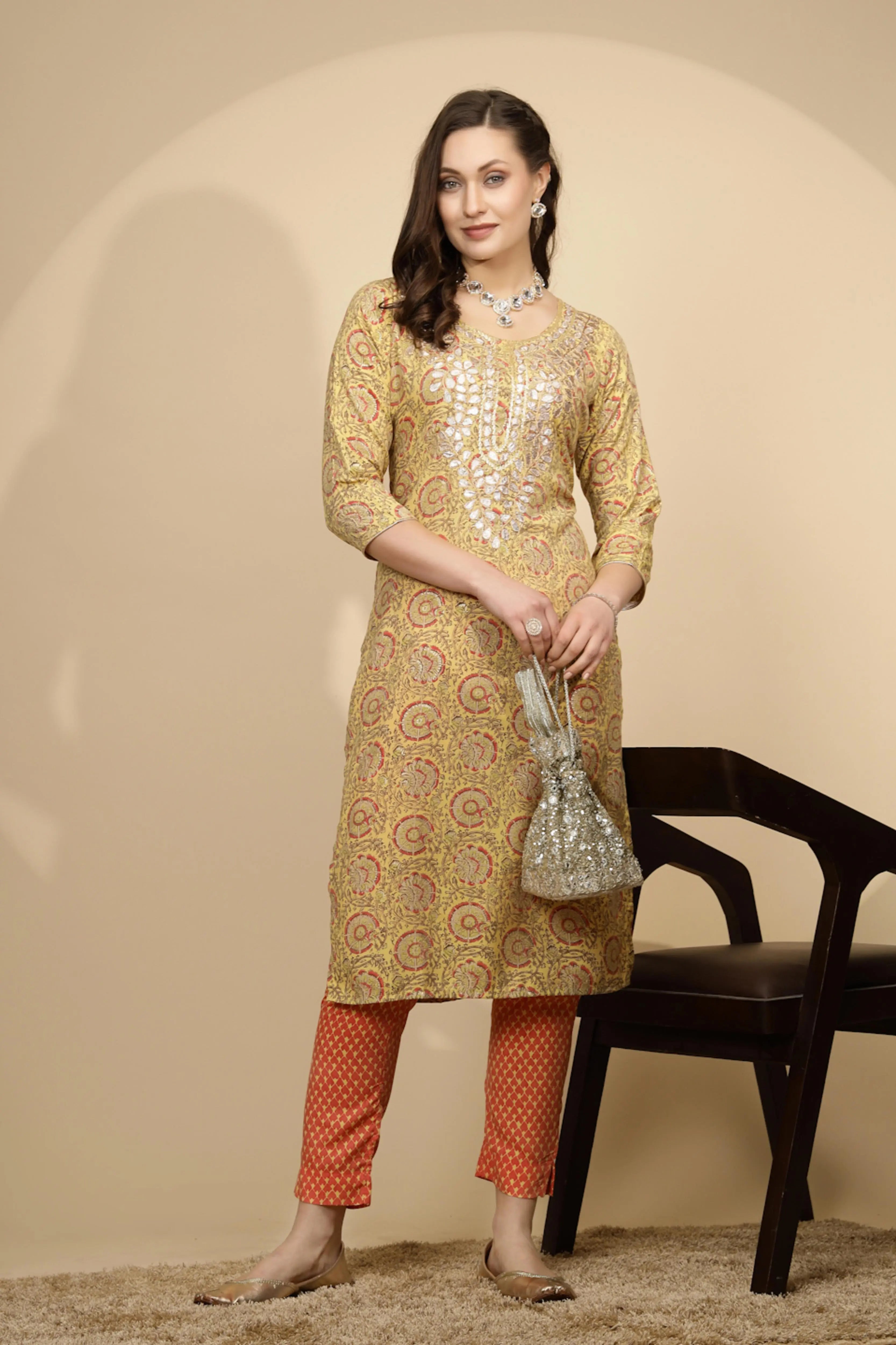 Yellow Printed Cotton Blend Kurta Set - Global Republic