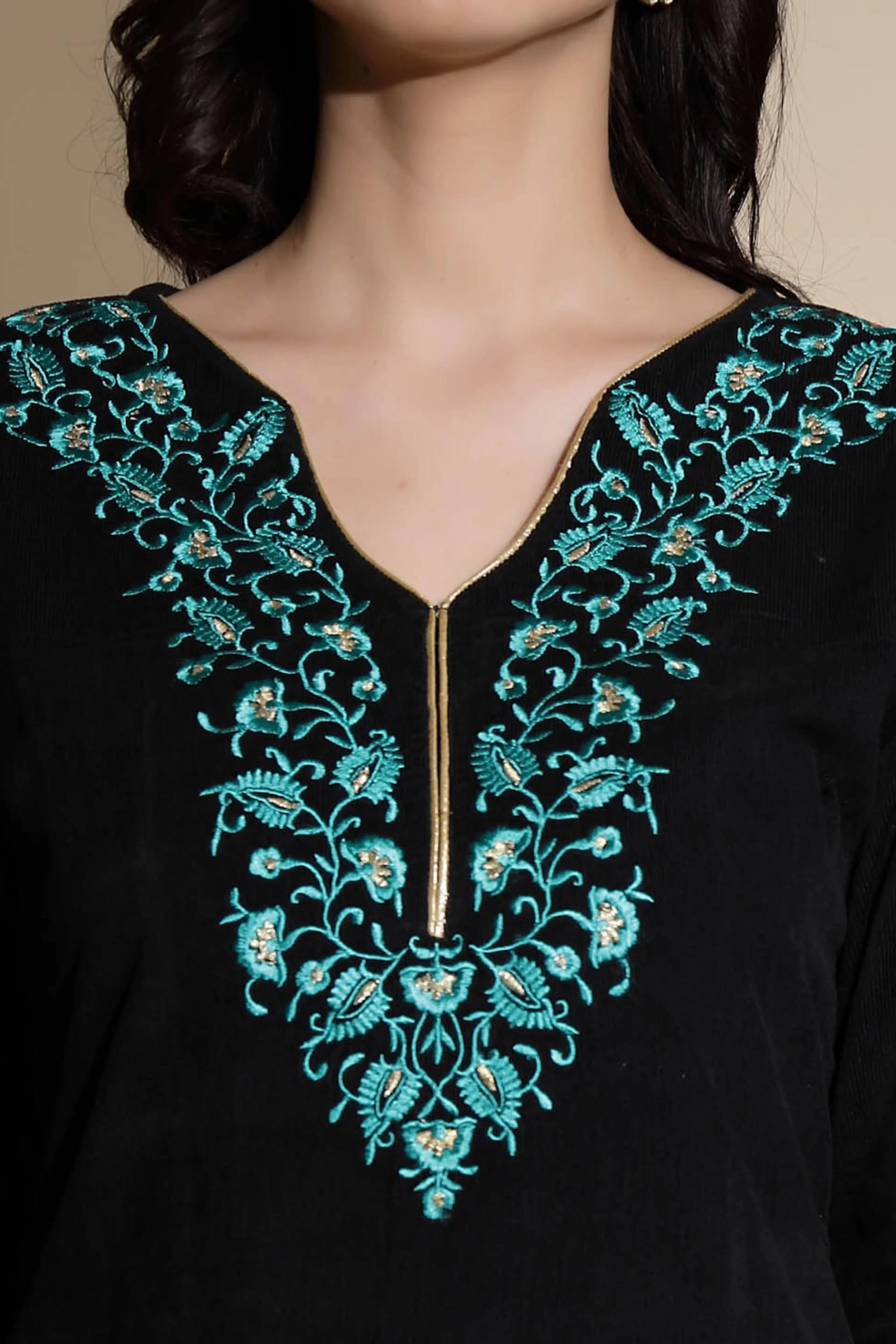Black Embroidered Woolen Kurta