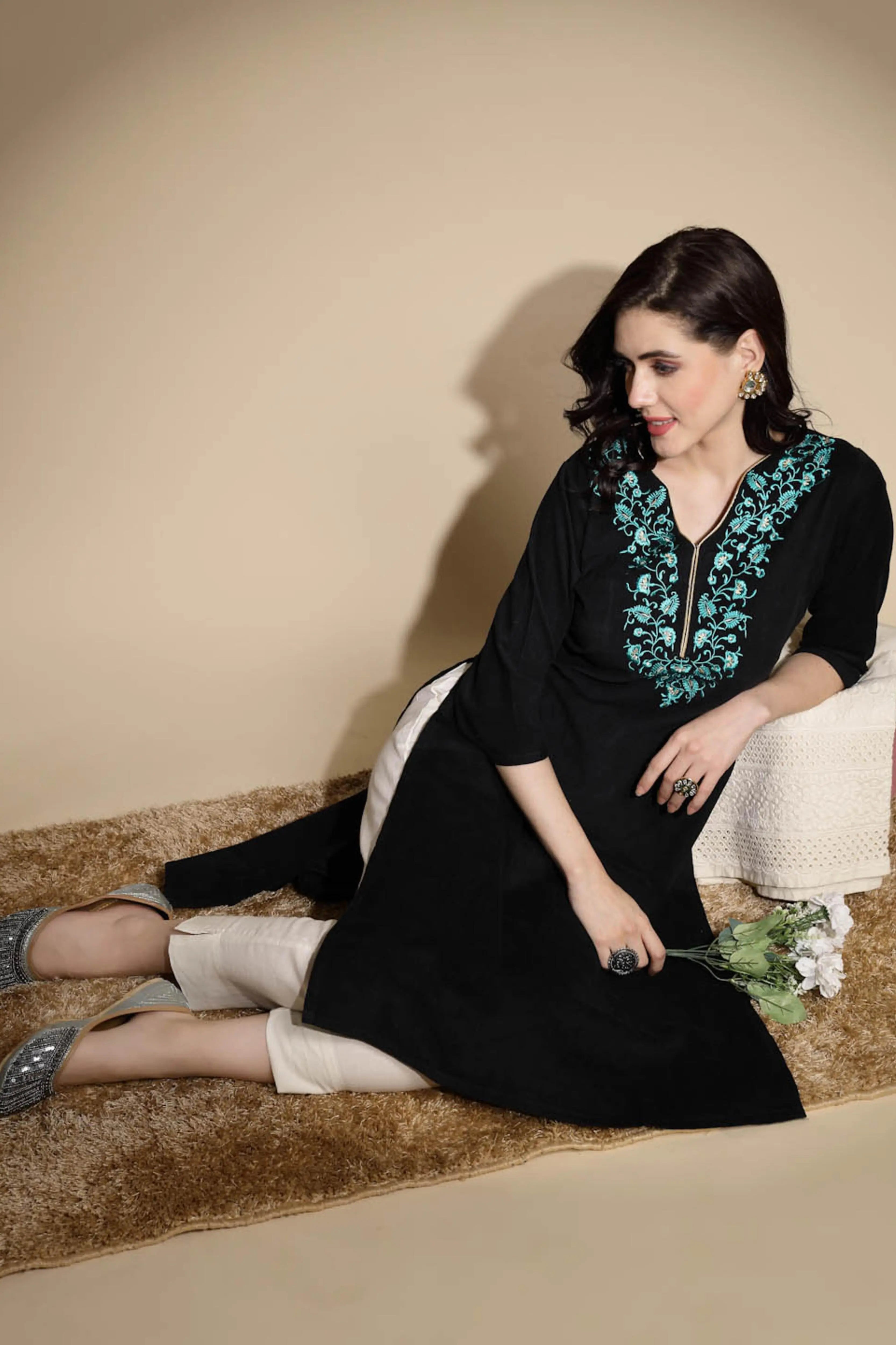 Black Embroidered Woolen Kurta