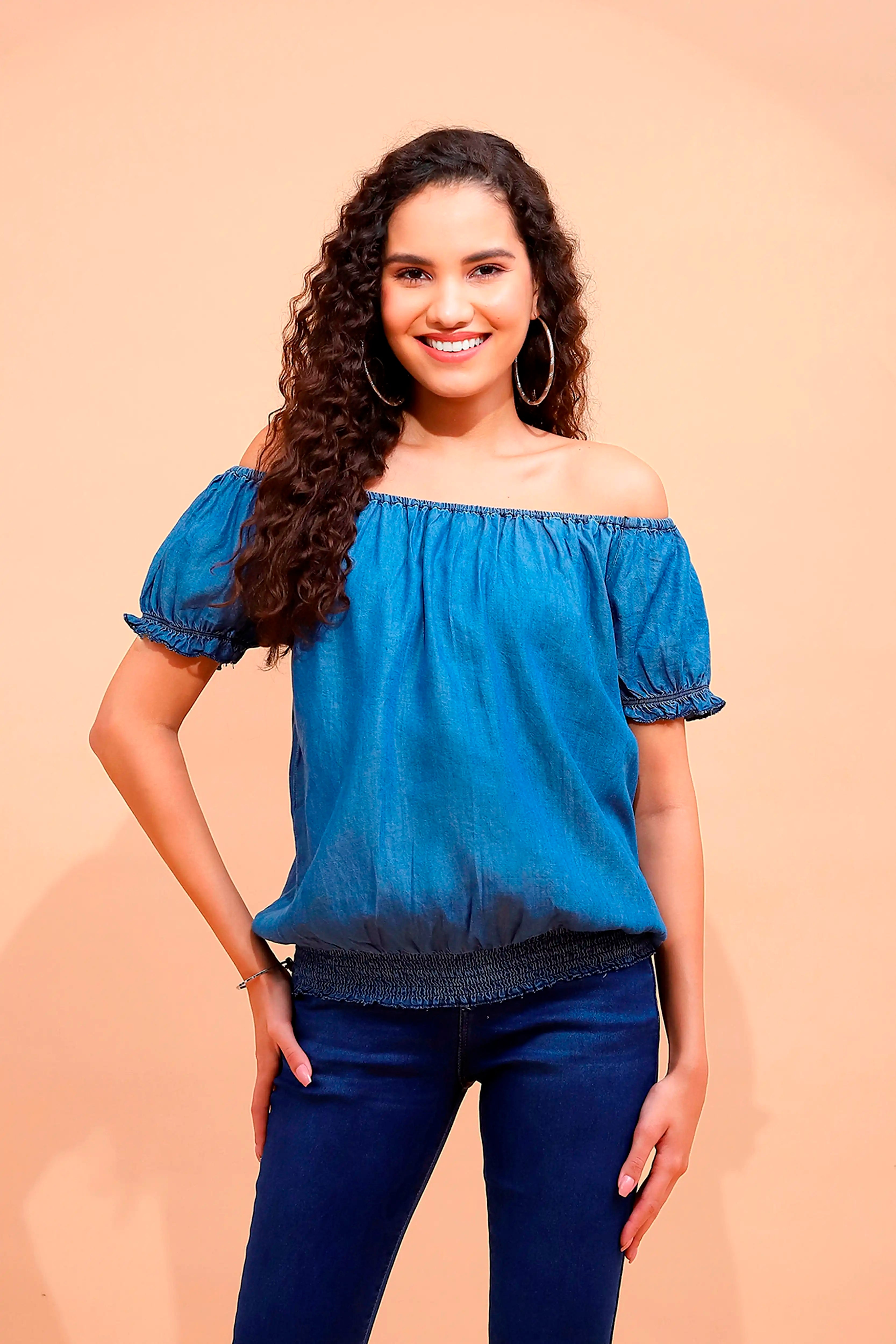 Blue Cotton Off-Shoulder Top