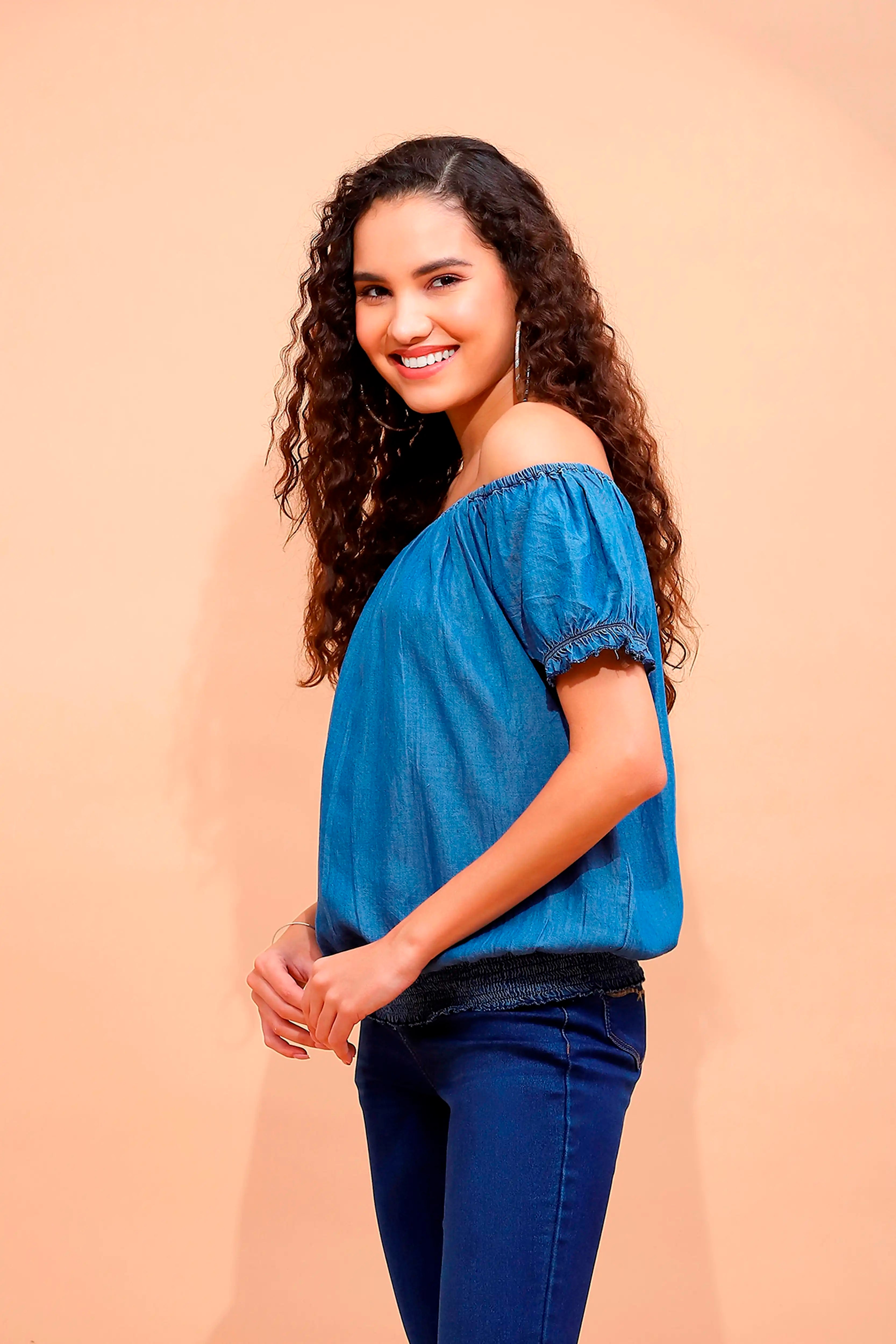 Blue Cotton Off-Shoulder Top