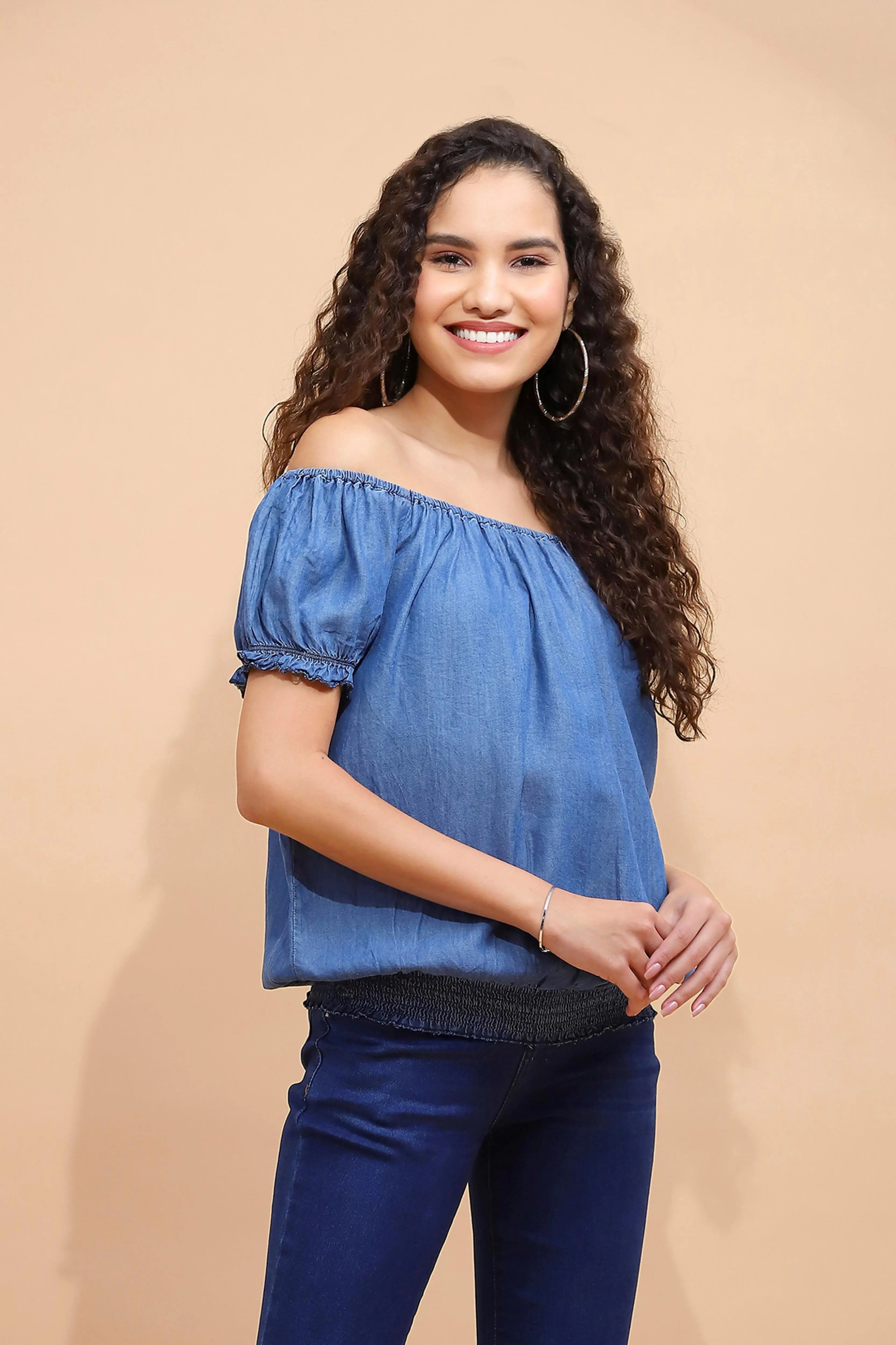 Blue Cotton Off-Shoulder Top - Global Republic