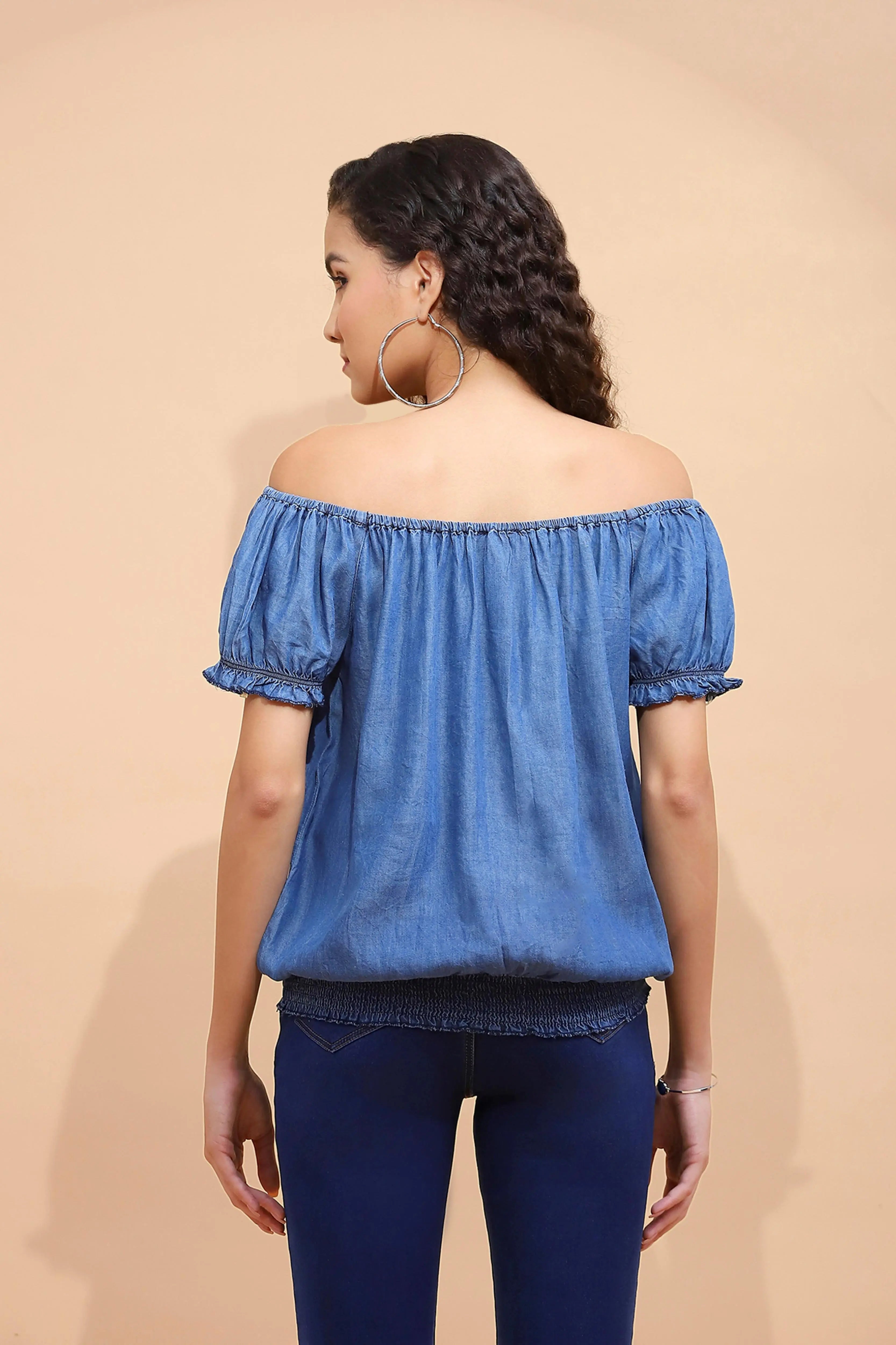 Blue Cotton Off-Shoulder Top - Global Republic