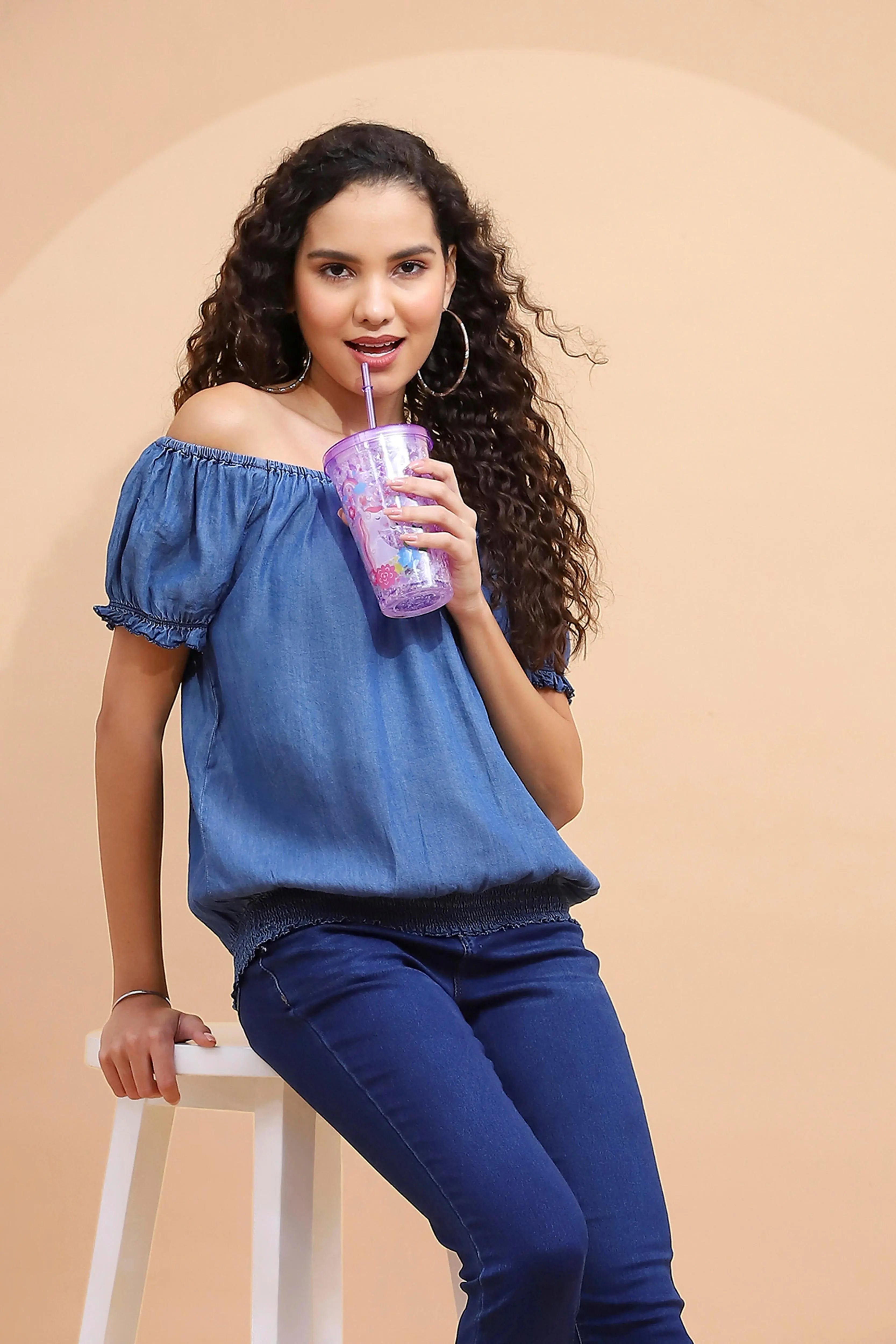 Blue Cotton Off-Shoulder Top