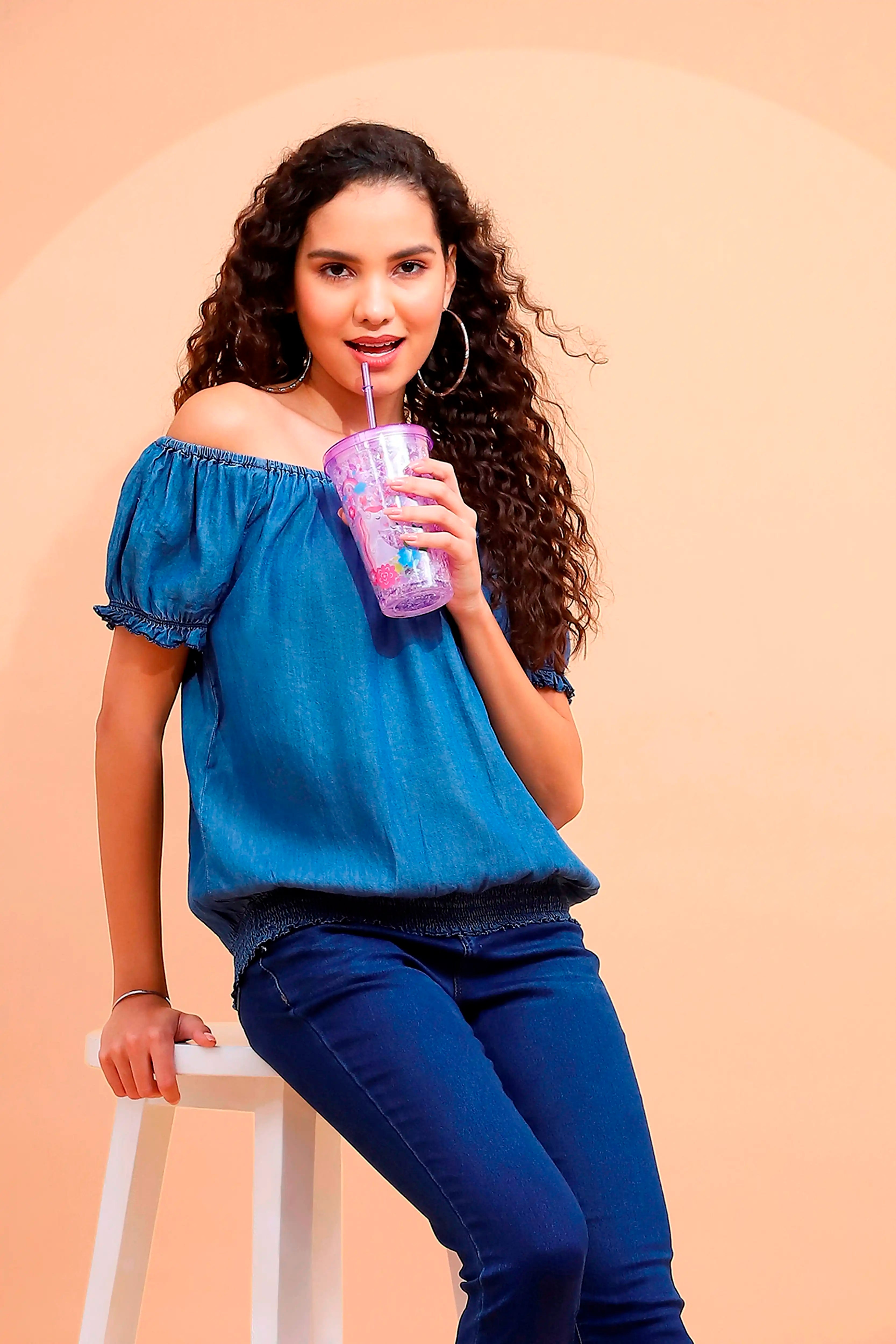 Blue Cotton Off-Shoulder Top