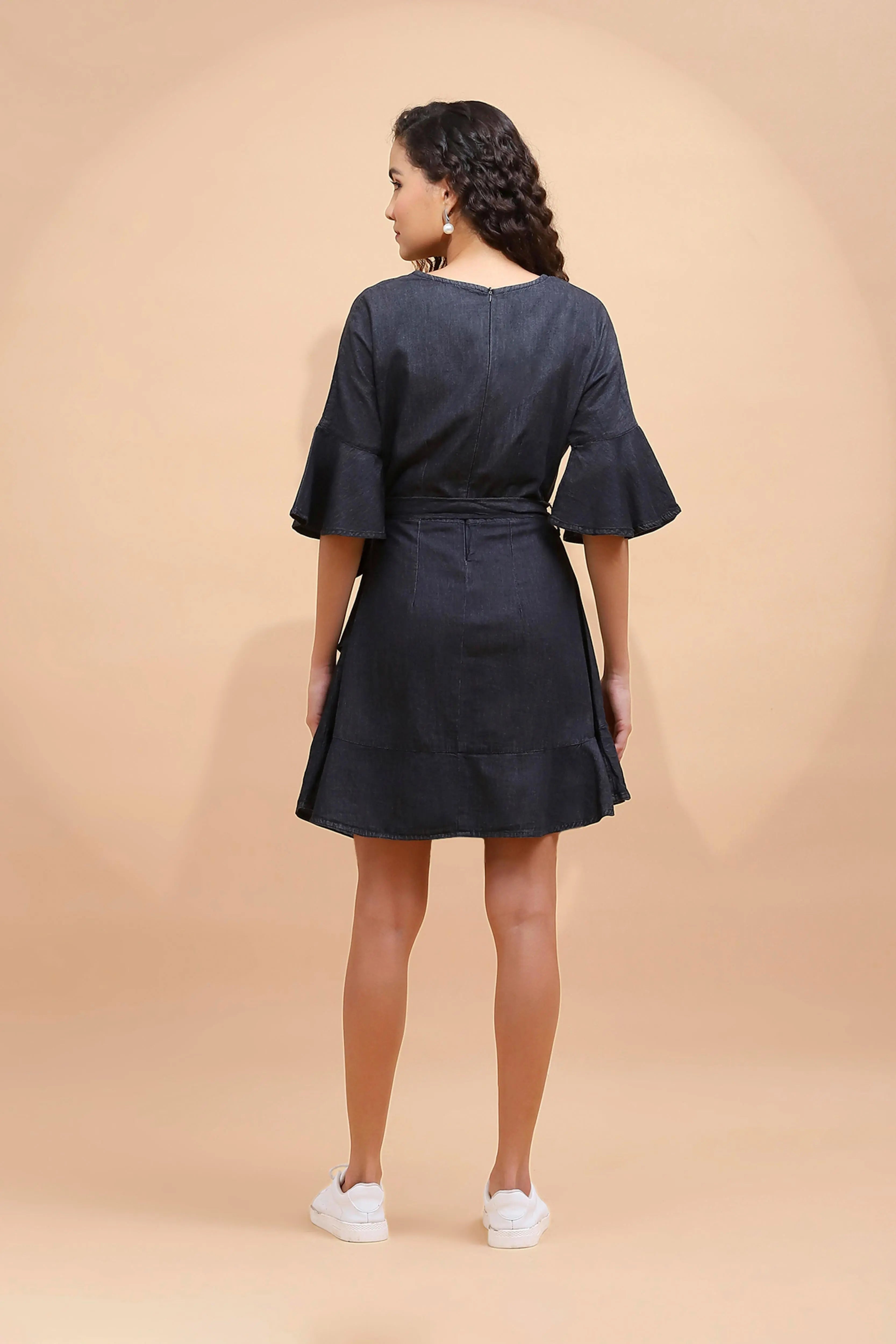 Black Cotton Blend Flared Wrap Dress - Global Republic