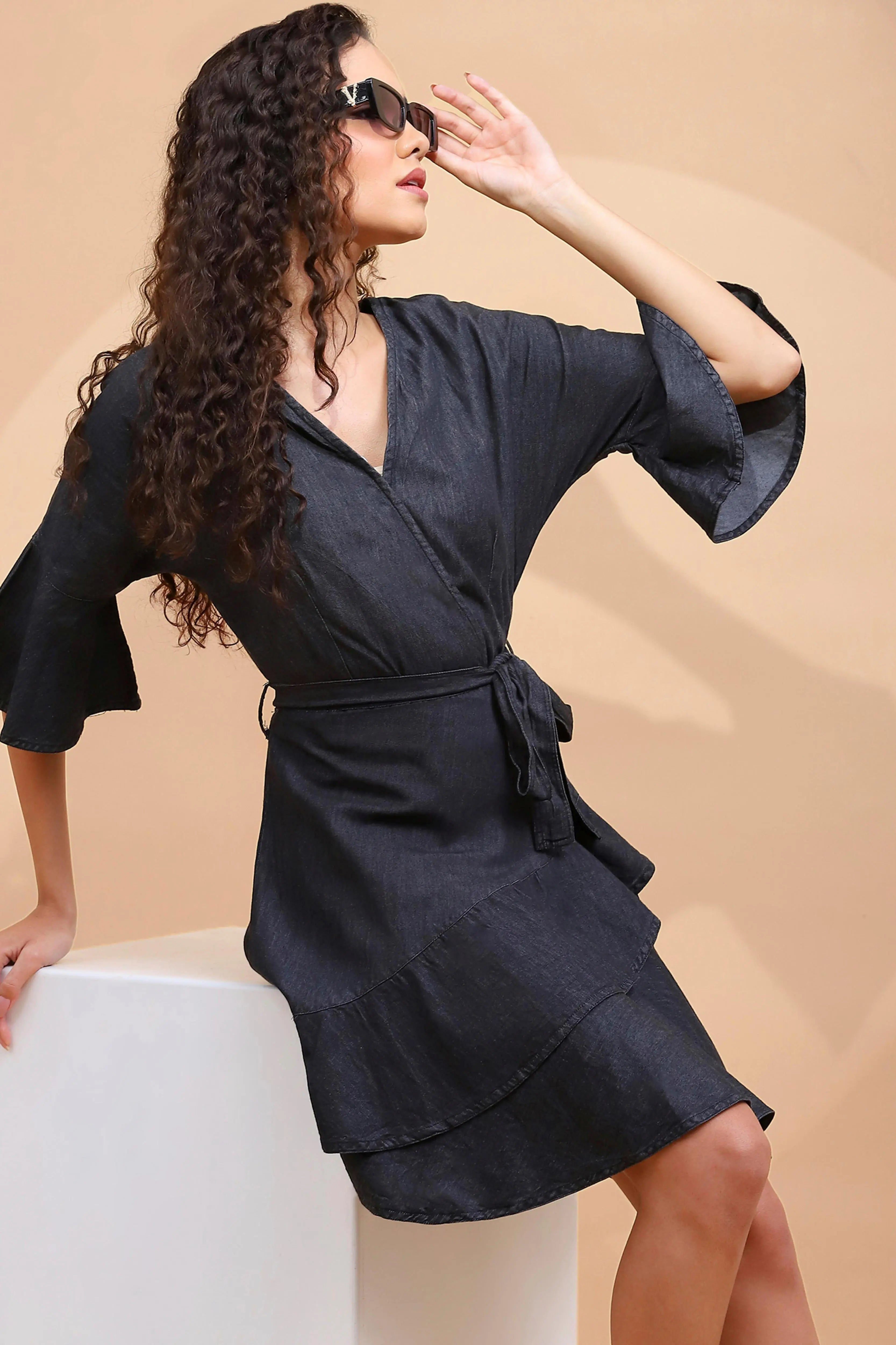 Black Cotton Blend Flared Wrap Dress - Global Republic