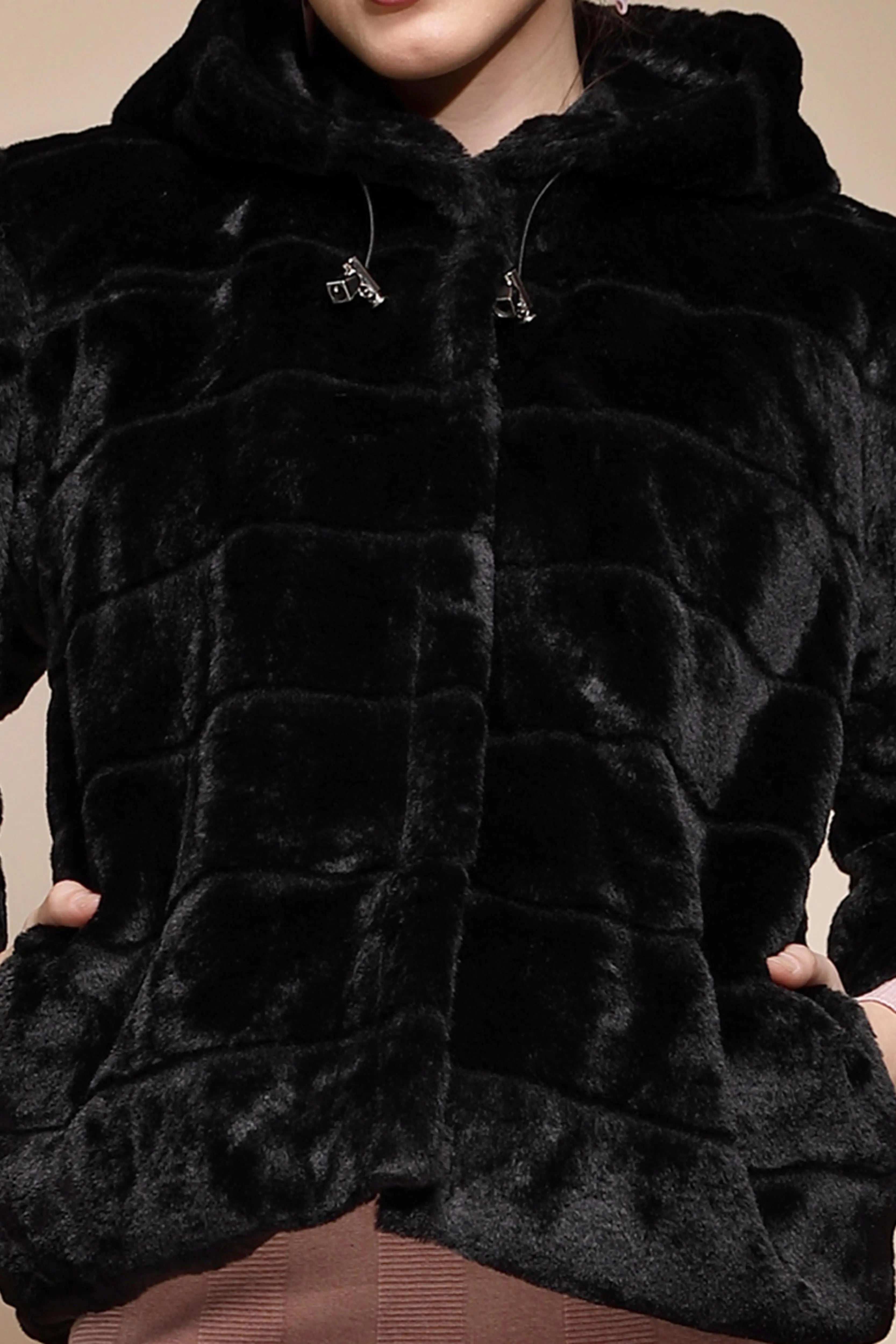 Women's Solid Hooded Black Jacket - Global Republic