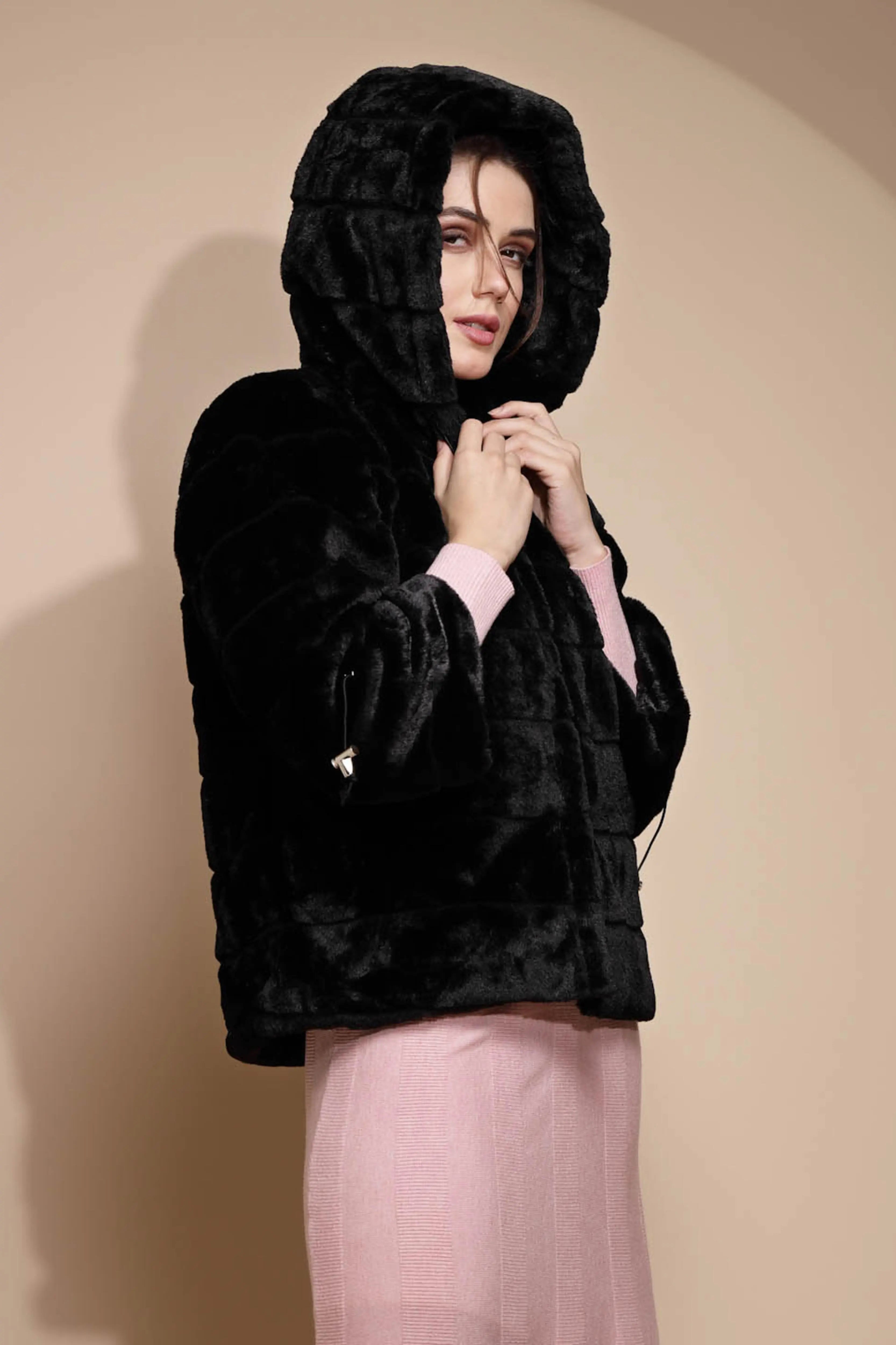 Women's Solid Hooded Black Jacket - Global Republic