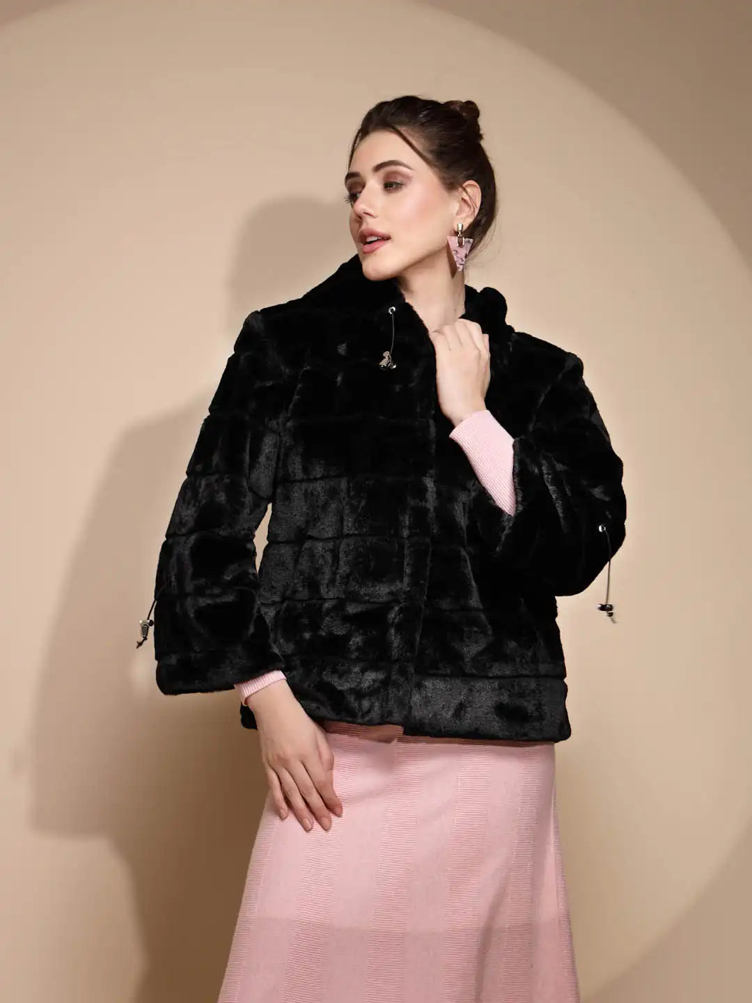 Women's Solid Hooded Black Jacket - Global Republic