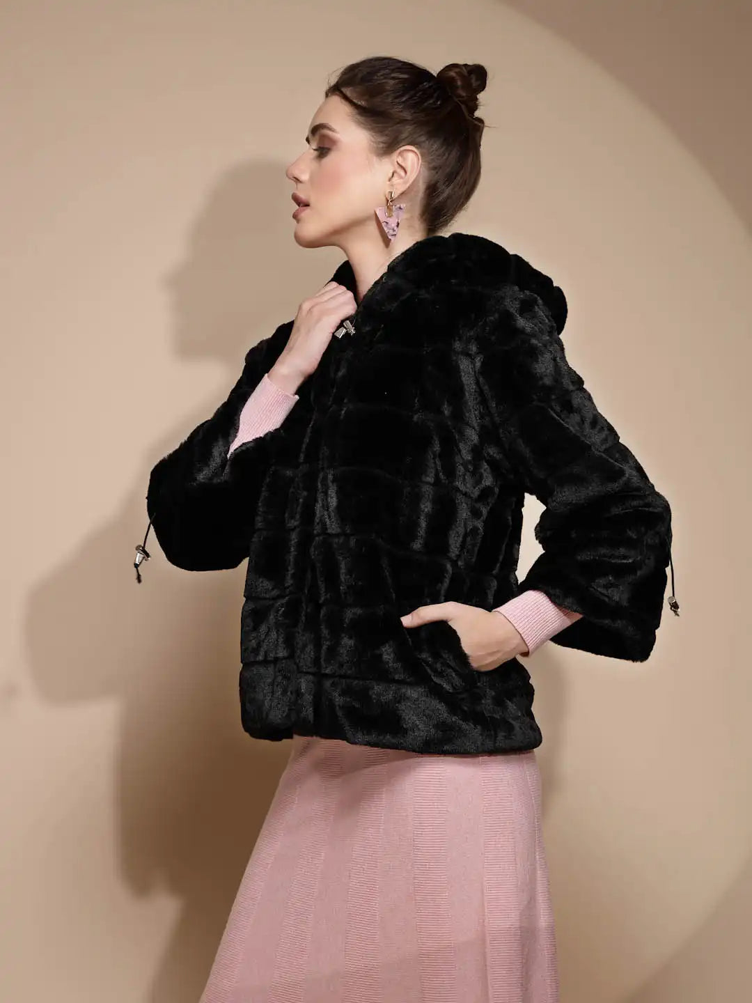 Women's Solid Hooded Black Jacket - Global Republic