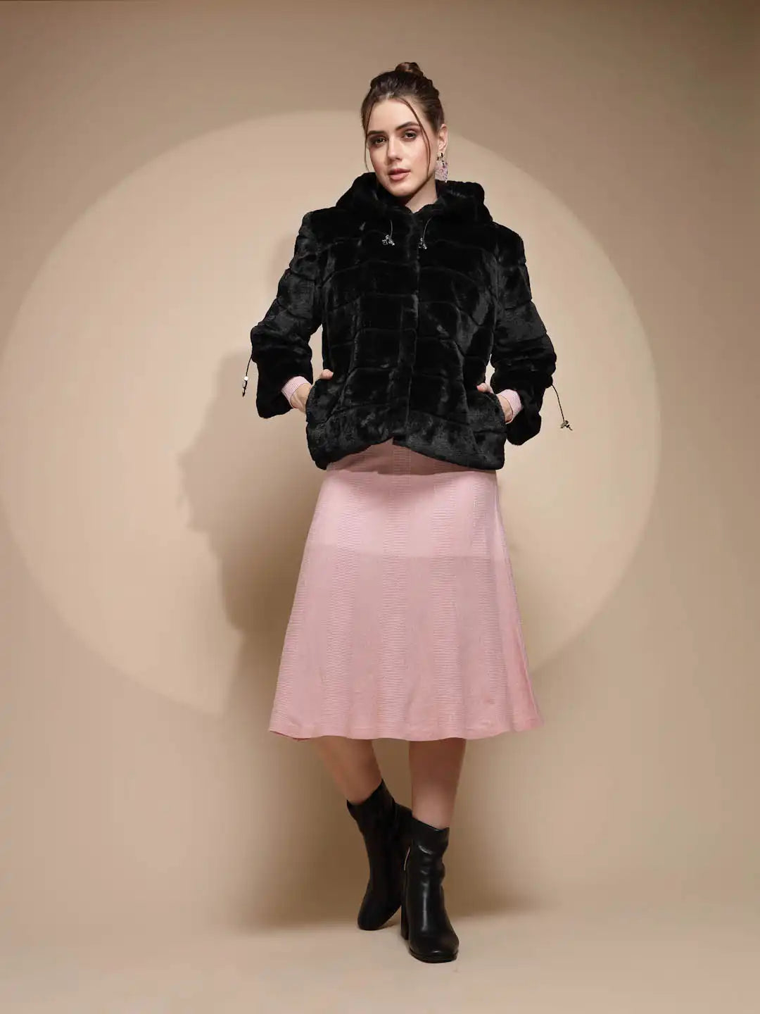 Women's Solid Hooded Black Jacket - Global Republic