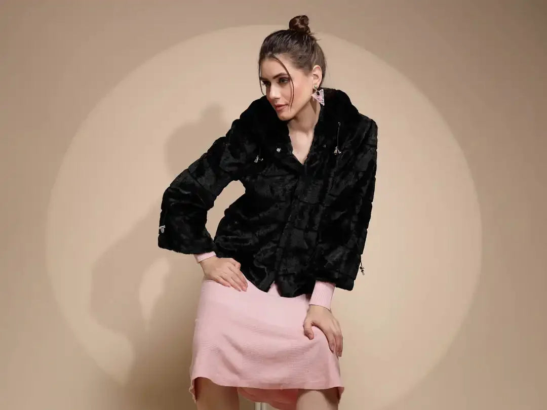 Women's Solid Hooded Black Jacket - Global Republic