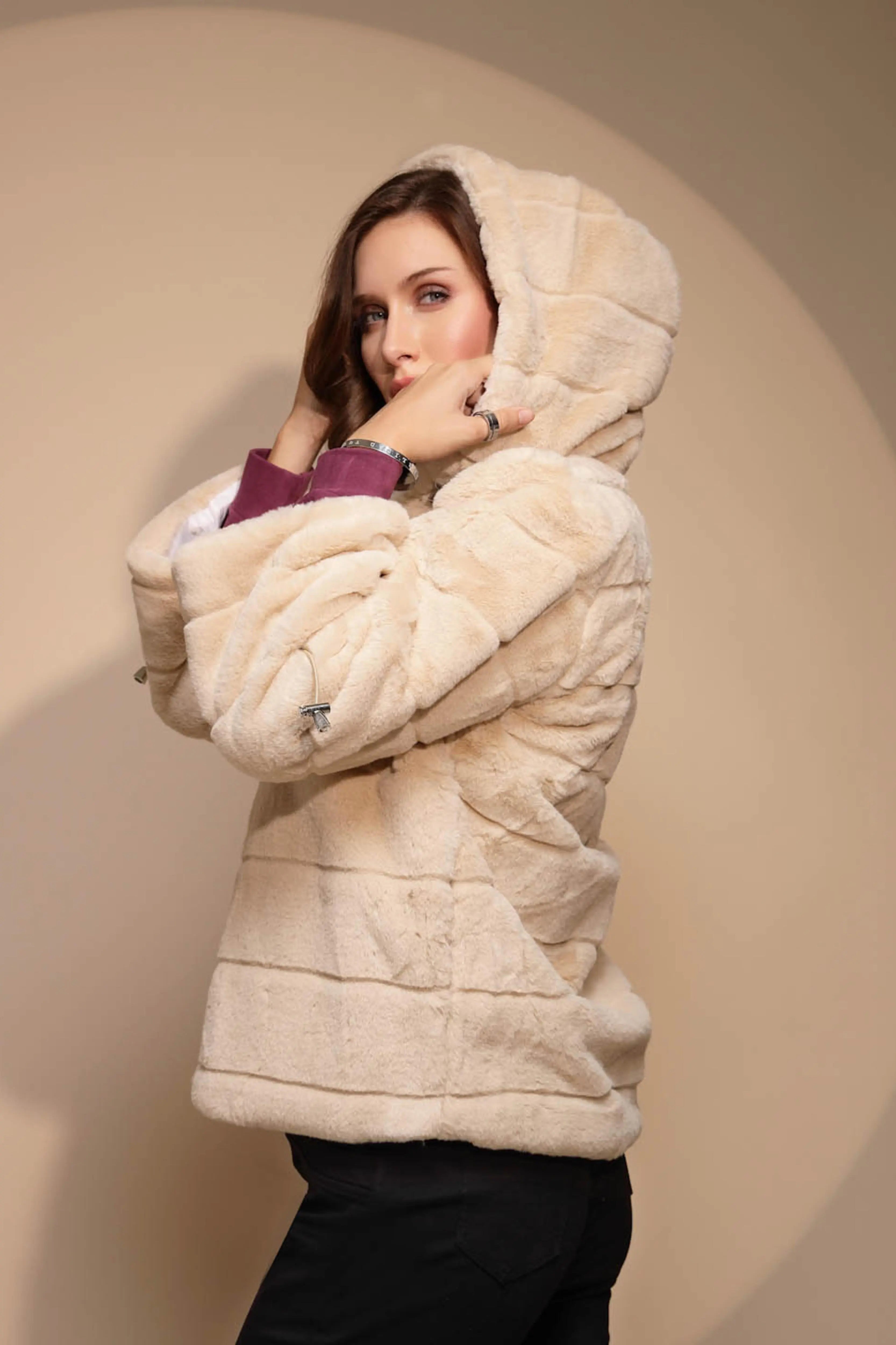 Women's Solid Hooded Beige Jacket - Global Republic