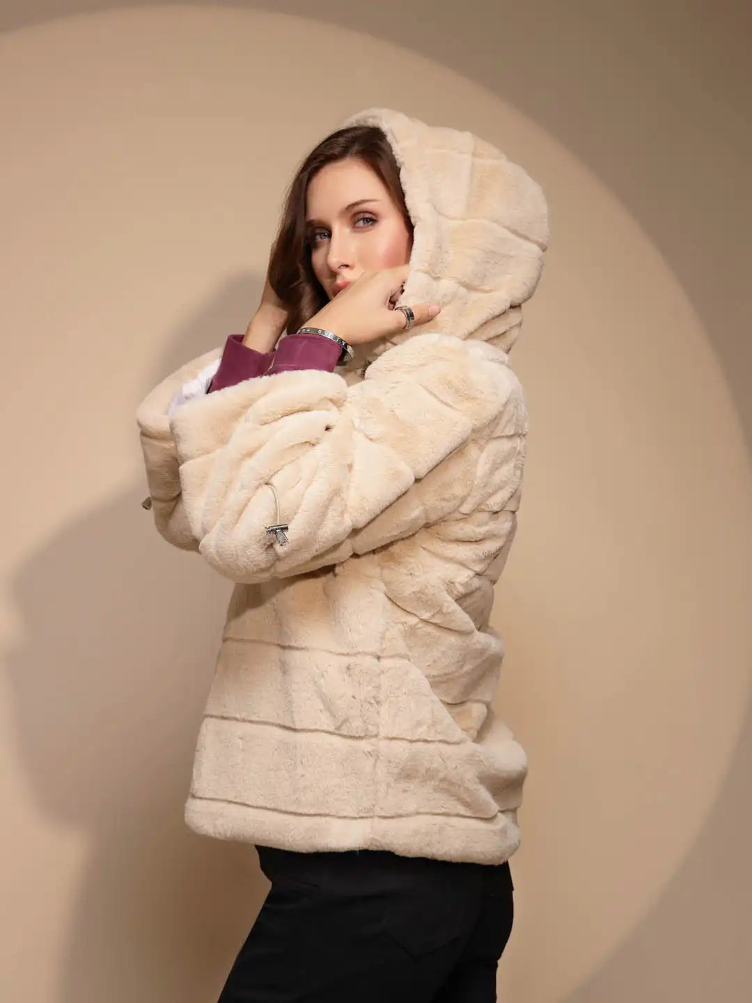 Women's Solid Hooded Beige Jacket - Global Republic