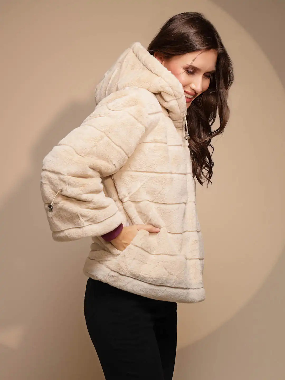 Women's Solid Hooded Beige Jacket - Global Republic