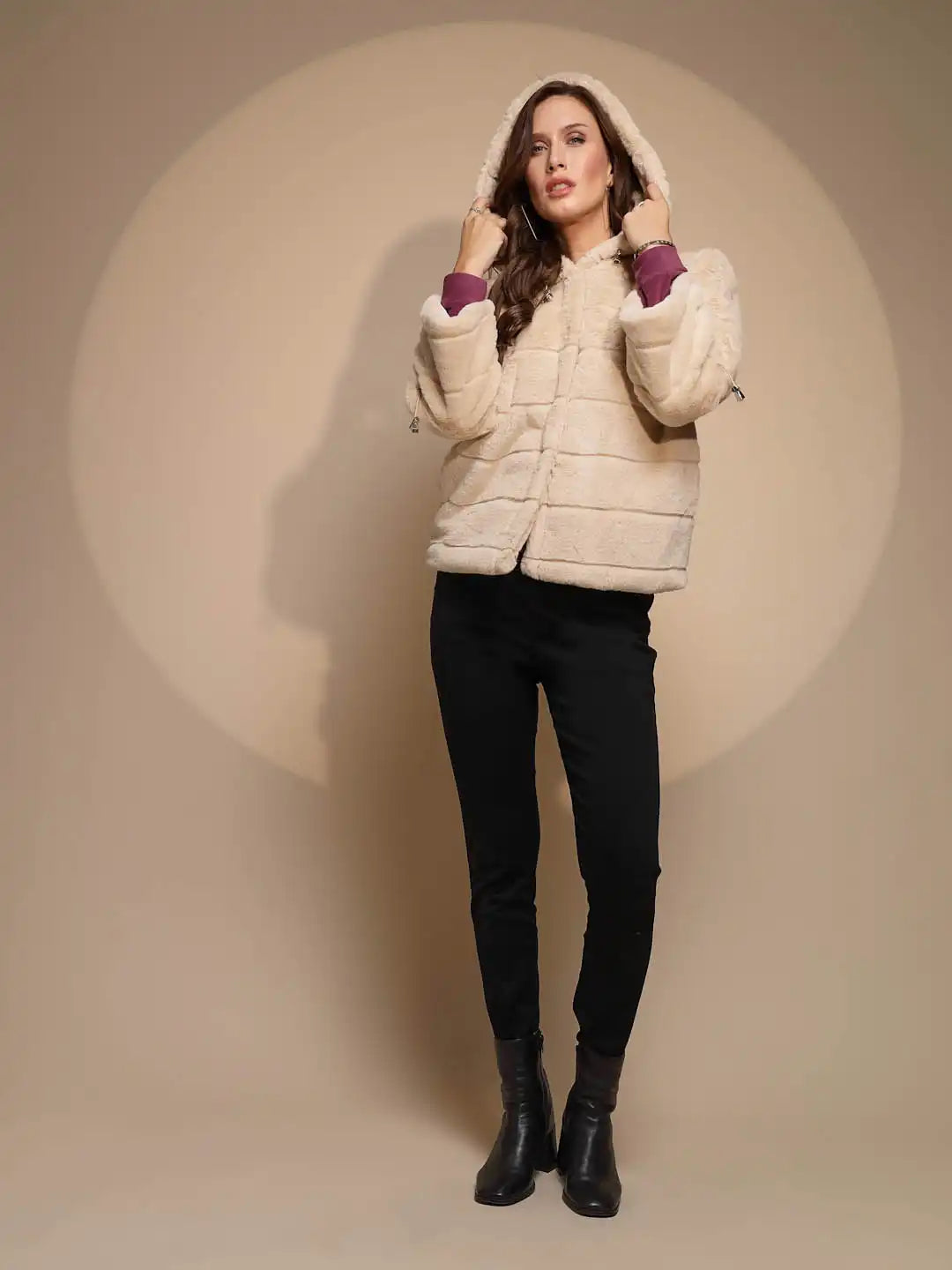 Women's Solid Hooded Beige Jacket - Global Republic
