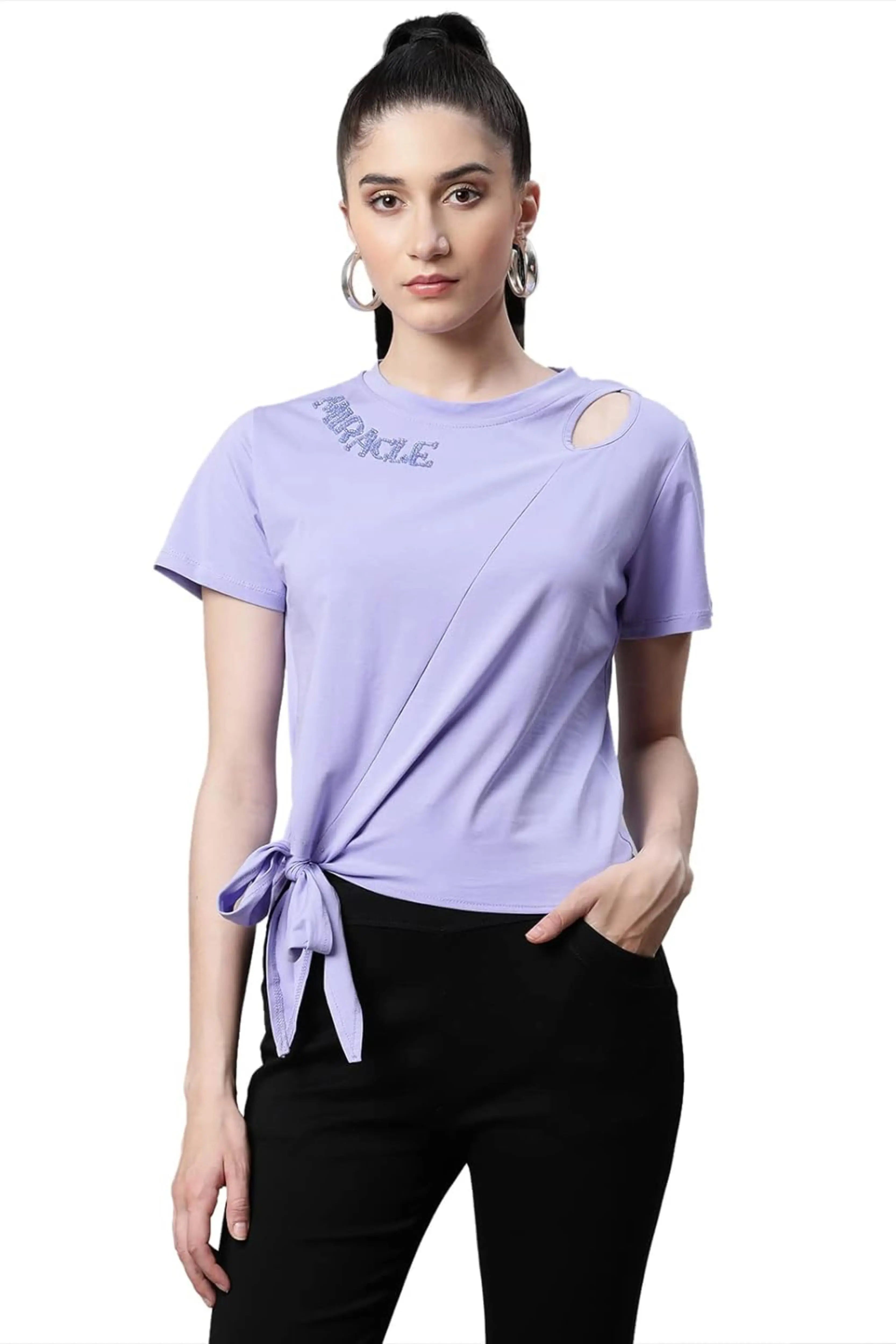 Women Regular Fit Embroidered Purple Hosiery Top - Global Republic