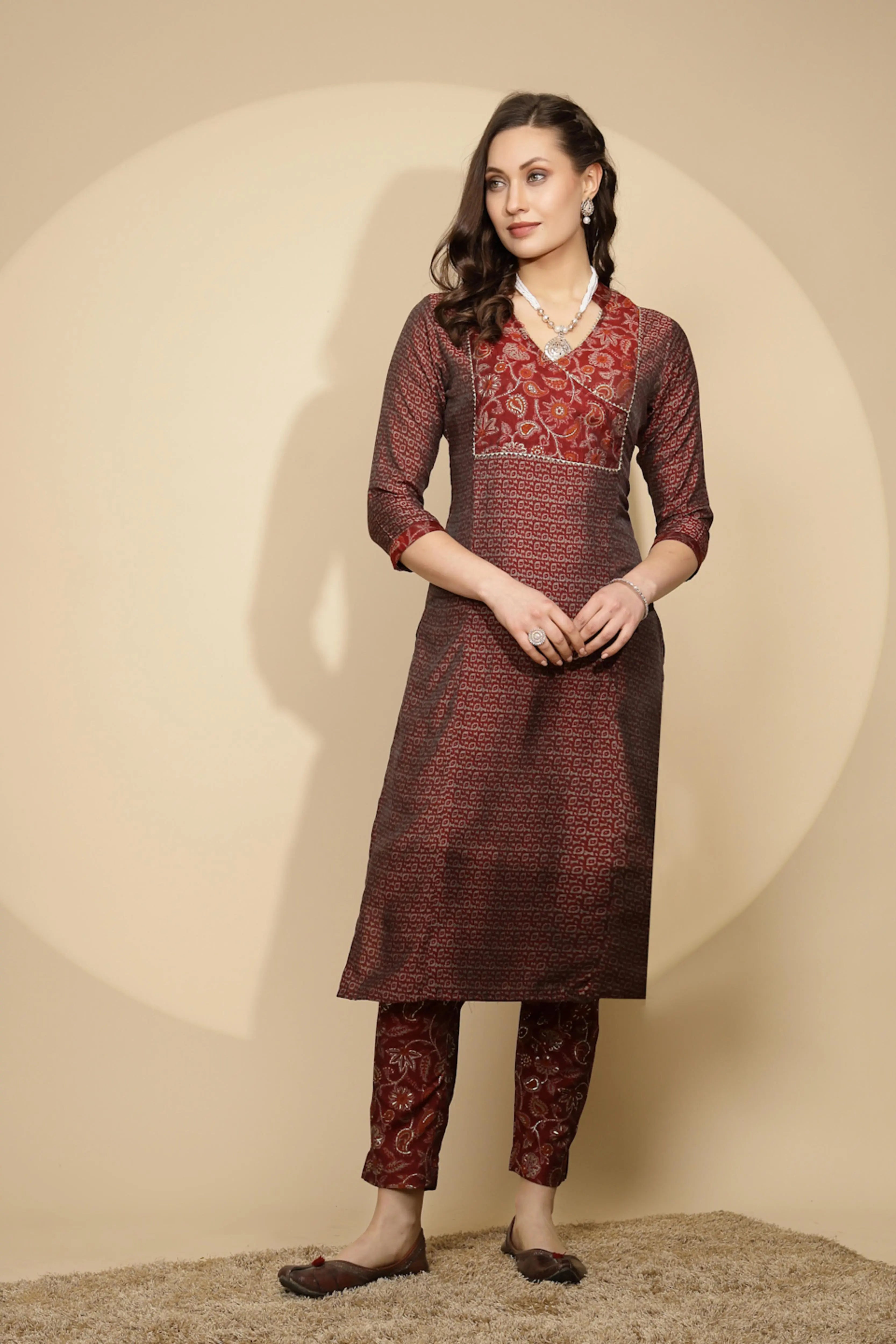 Maroon Rayon Regular Fit Kurta Set For Women - Global Republic