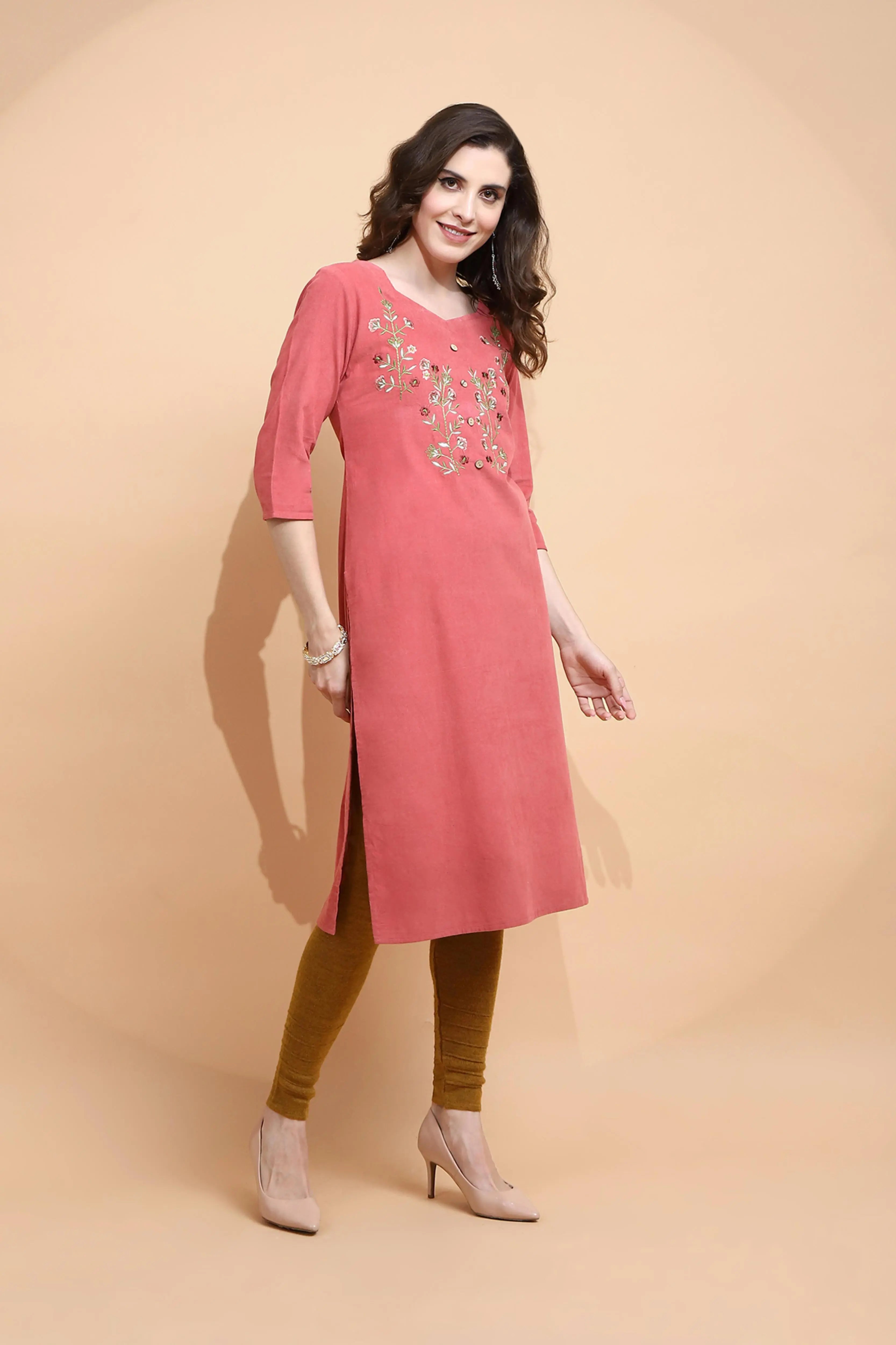 Rust Embroidered Cotton Blend Kurta - Global Republic