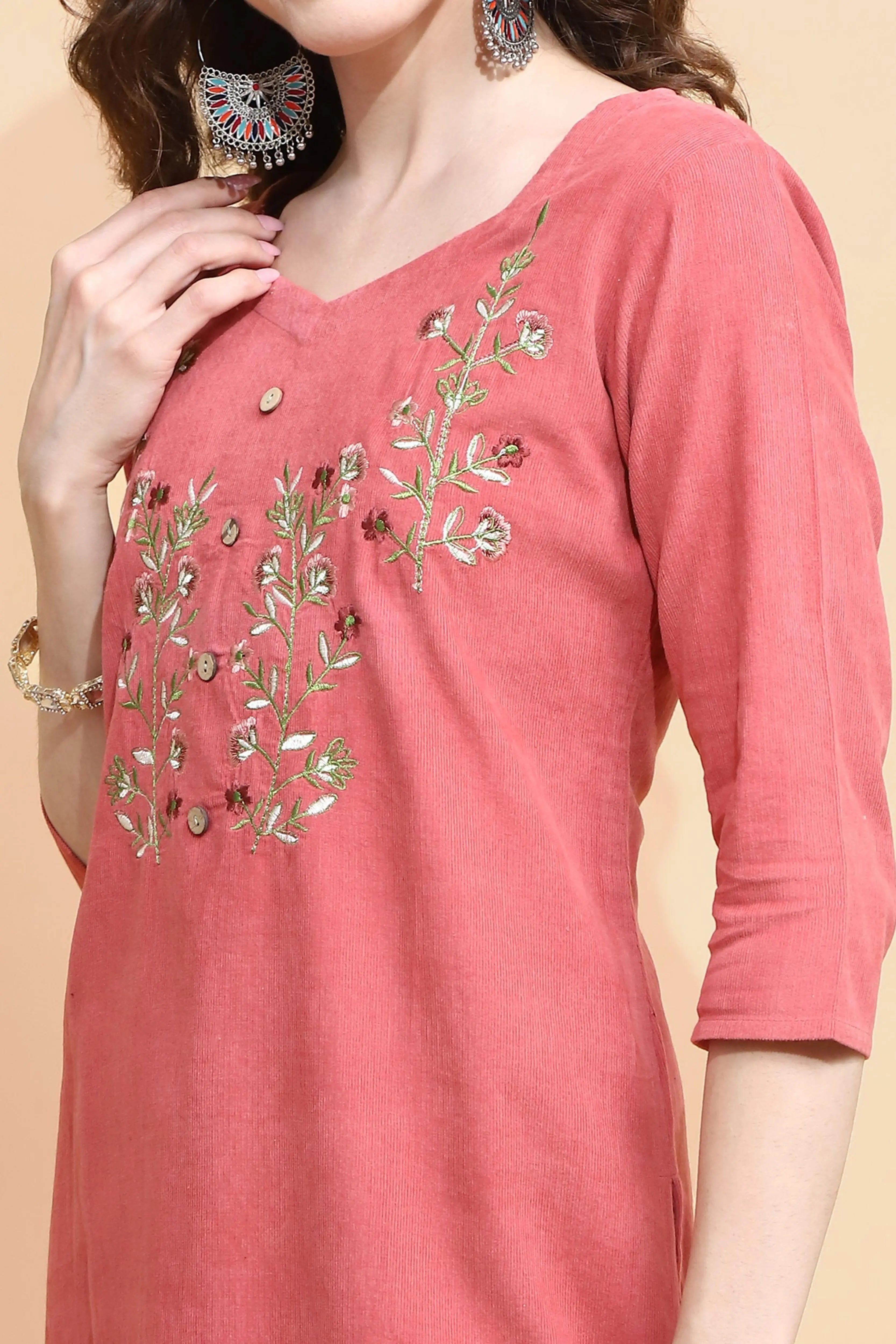 Rust Embroidered Cotton Blend Kurta - Global Republic