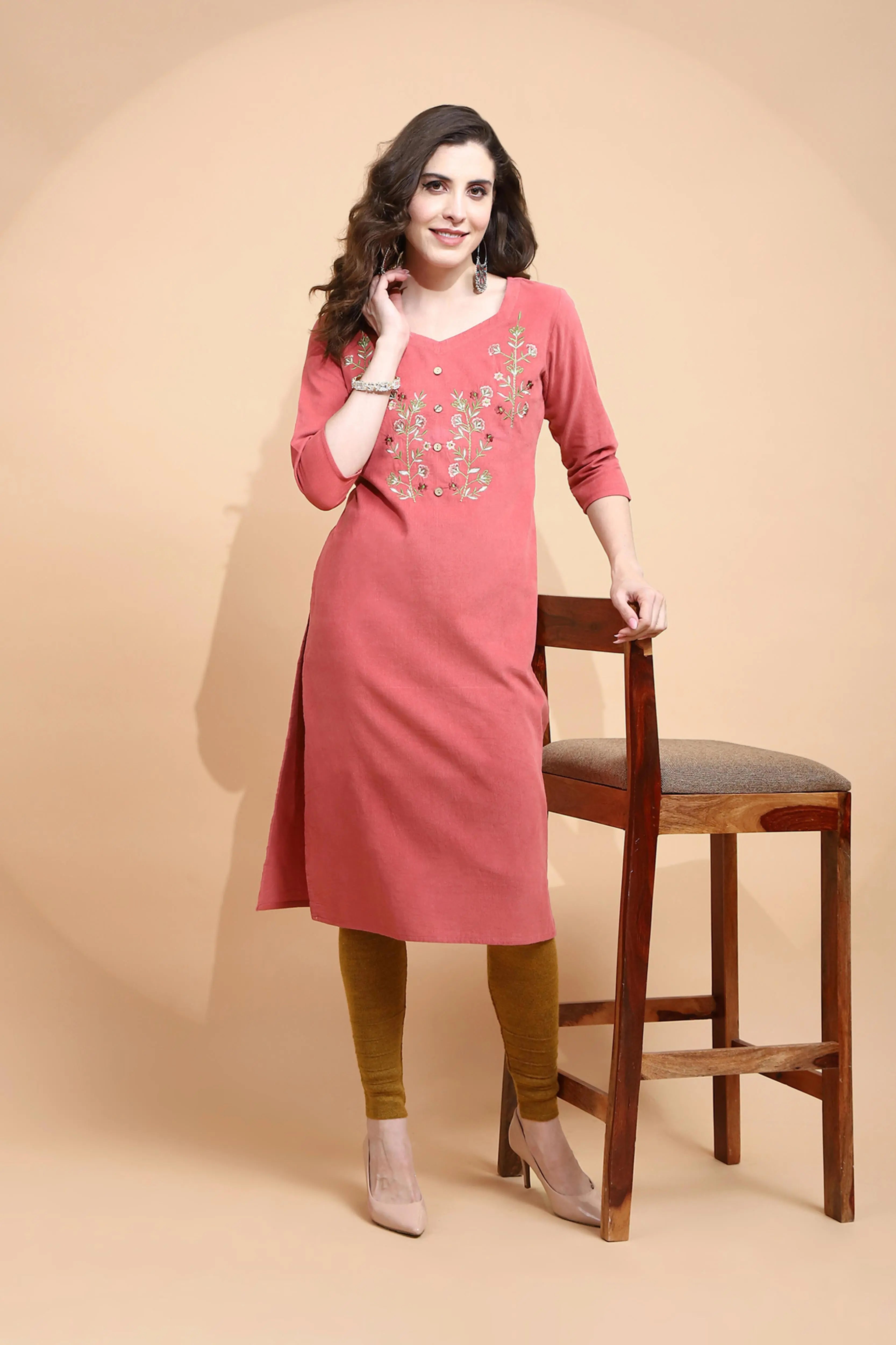 Rust Embroidered Cotton Blend Kurta - Global Republic