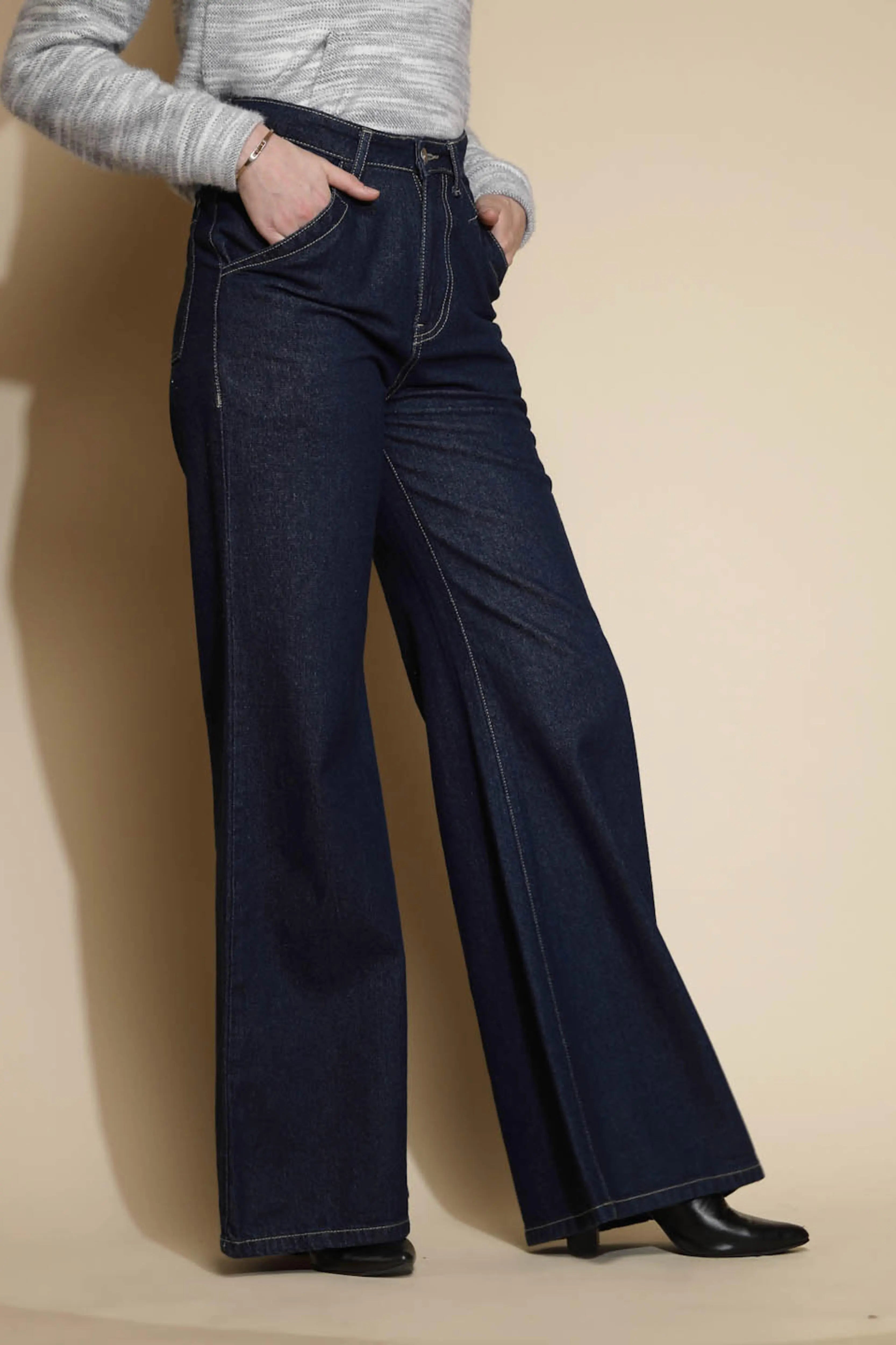Women Dark Blue Contrast Stitch Wide Leg High Rise Jeans - Global Republic