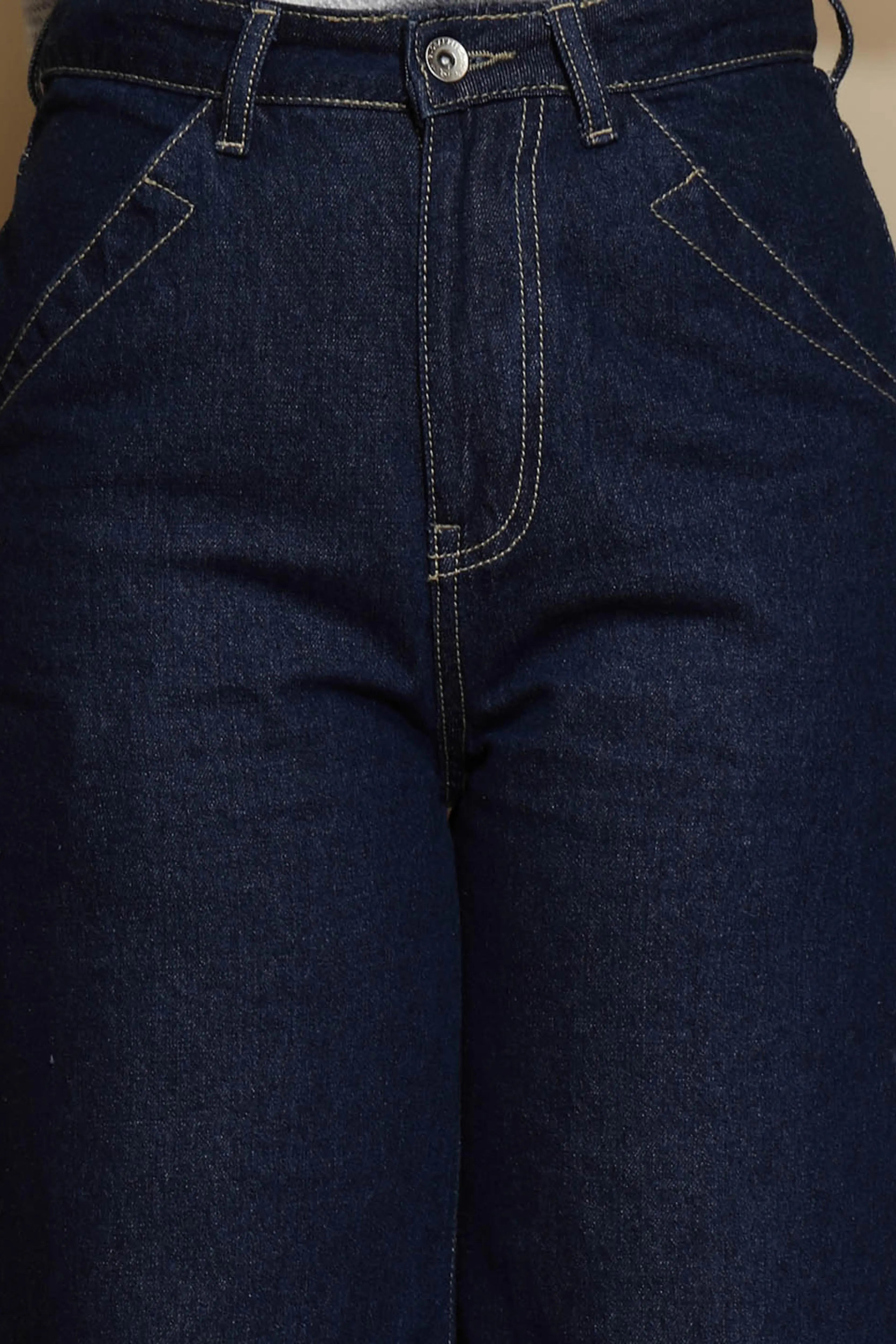 Women Dark Blue Contrast Stitch Wide Leg High Rise Jeans - Global Republic