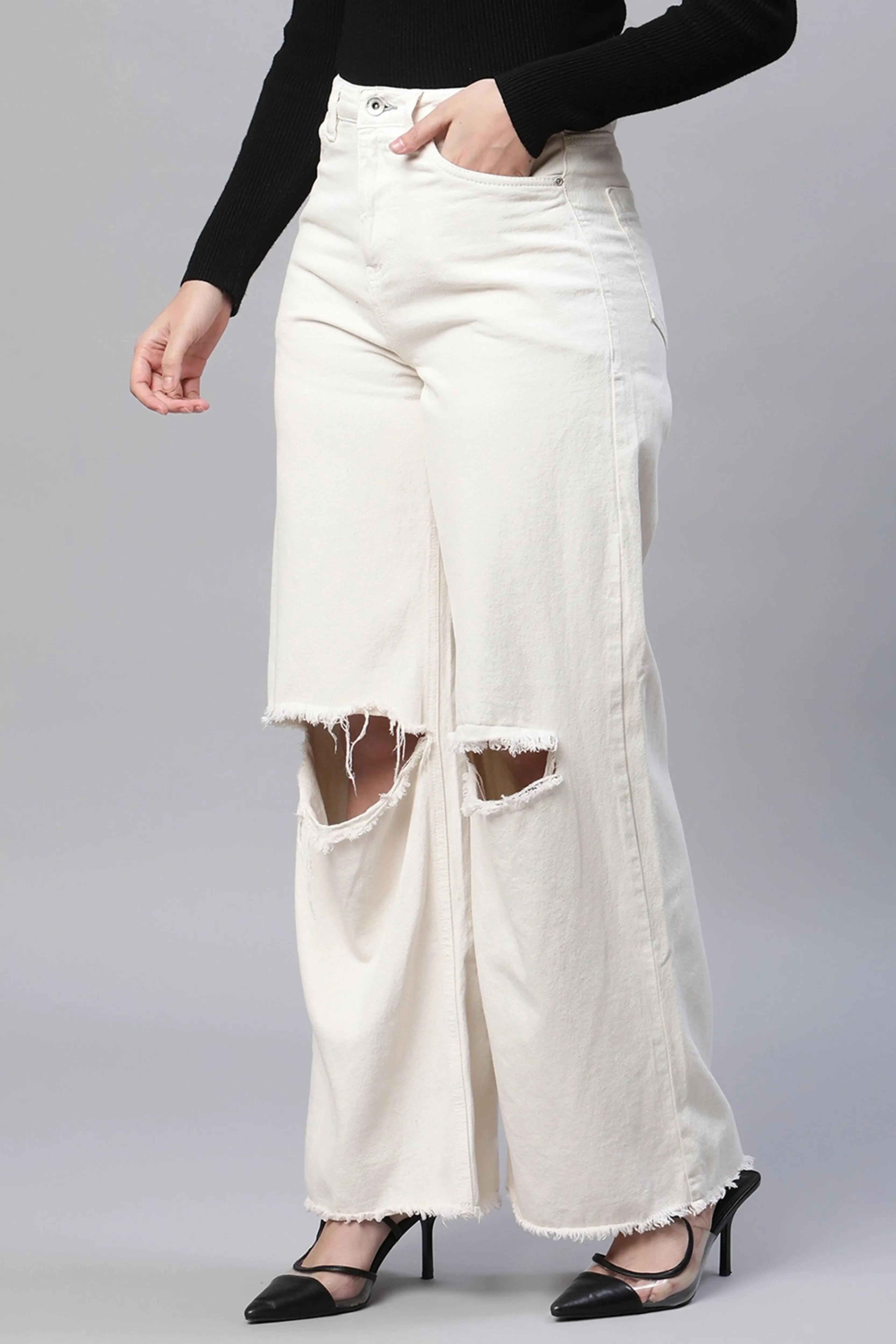 women off white denim solid jeans