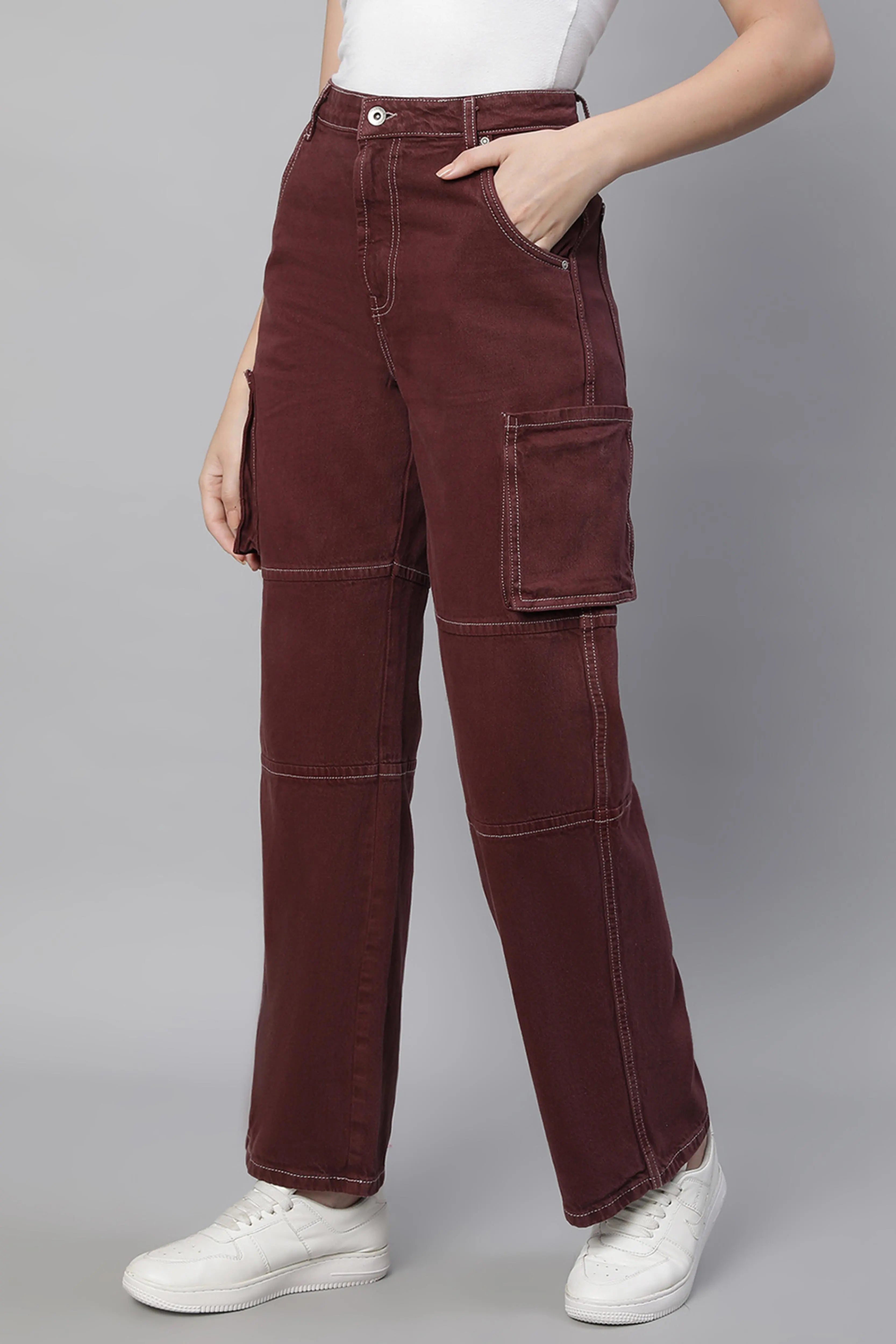 Wine Cargo Style Straight Leg Jeans