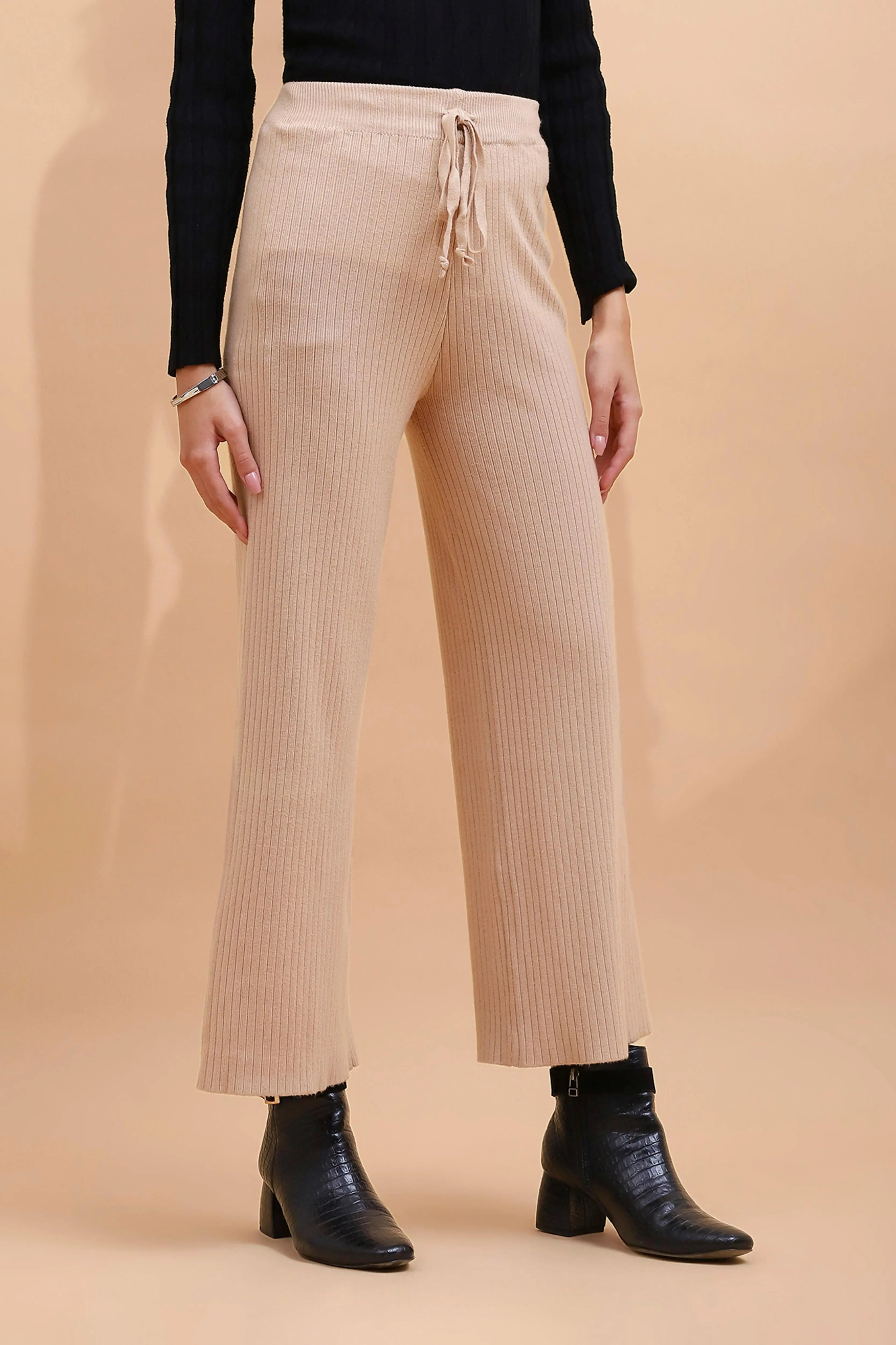 Beige Viscose Blend Solid Lower - Global Republic