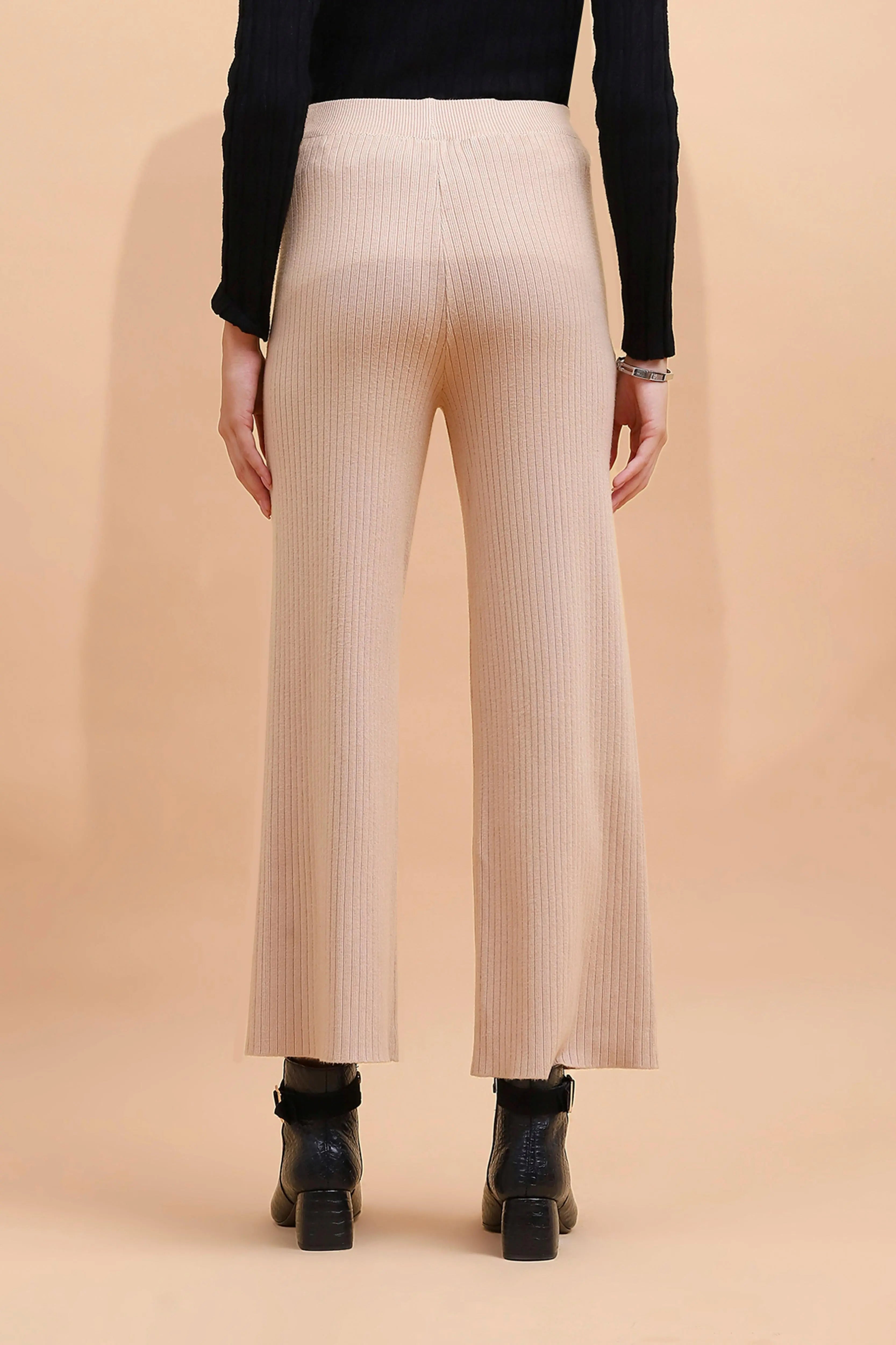 Beige Viscose Blend Solid Lower - Global Republic