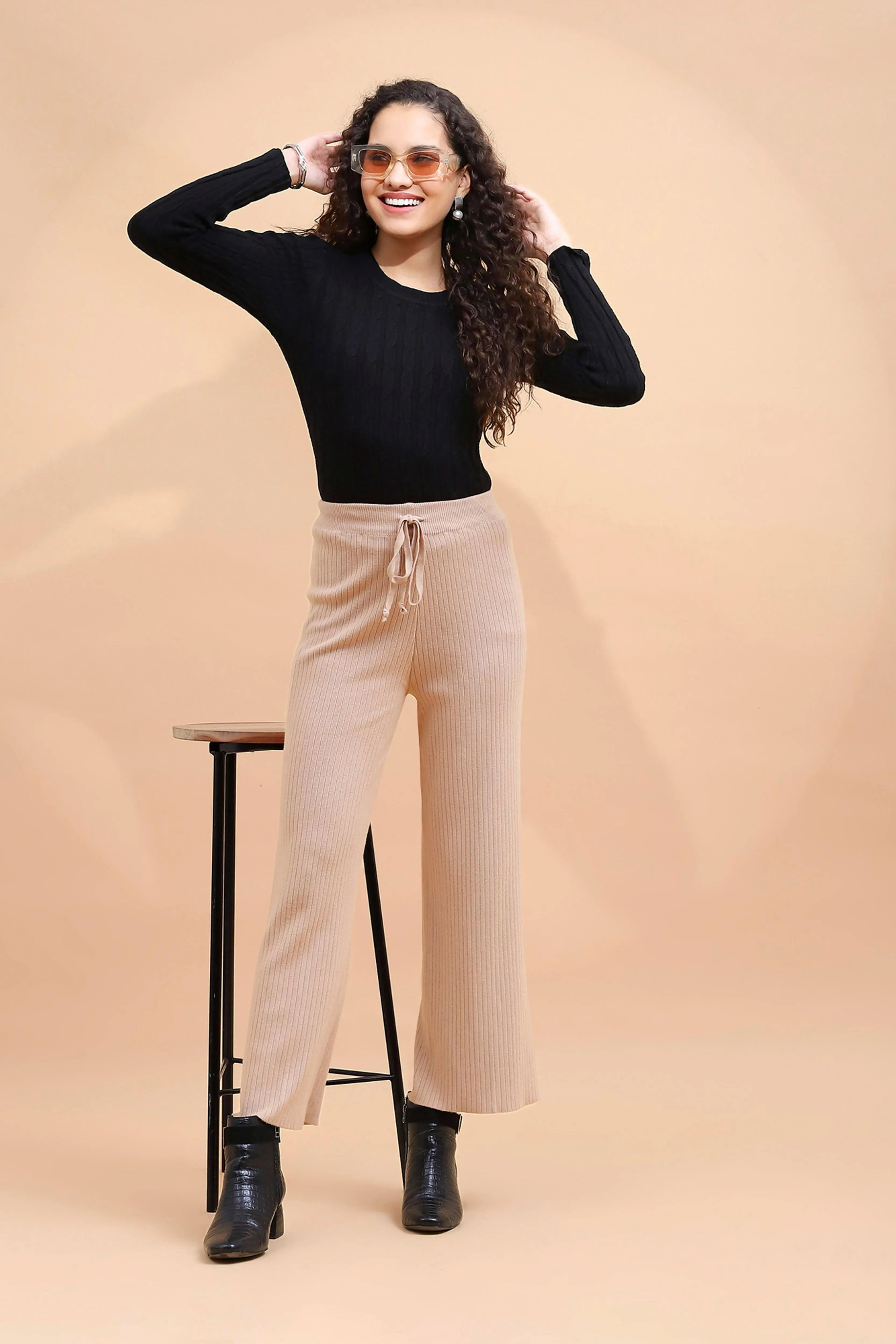 Beige Viscose Blend Solid Lower - Global Republic