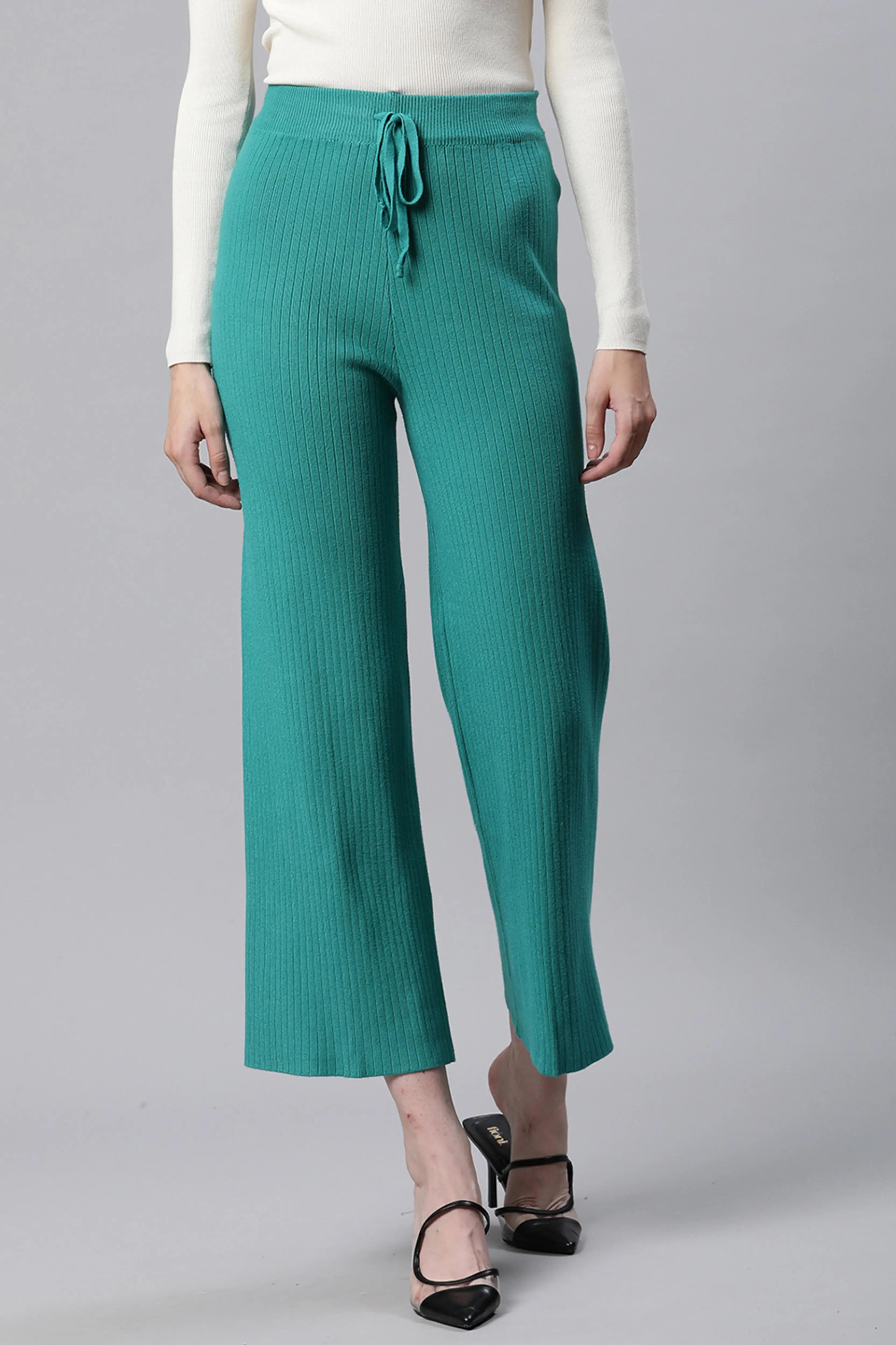Rib Knit High Rise Green Flared Lower