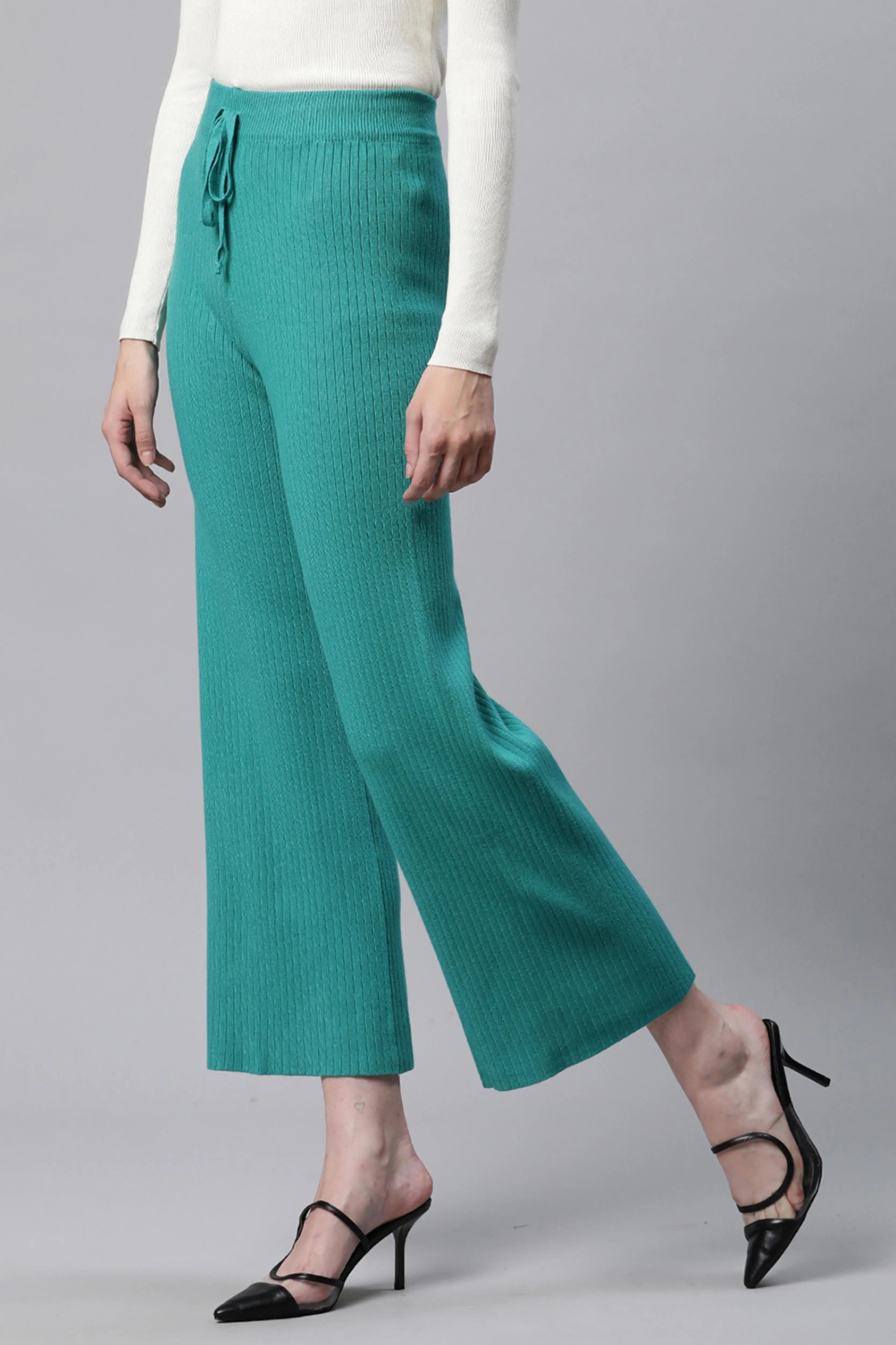 Rib Knit High Rise Green Flared Lower