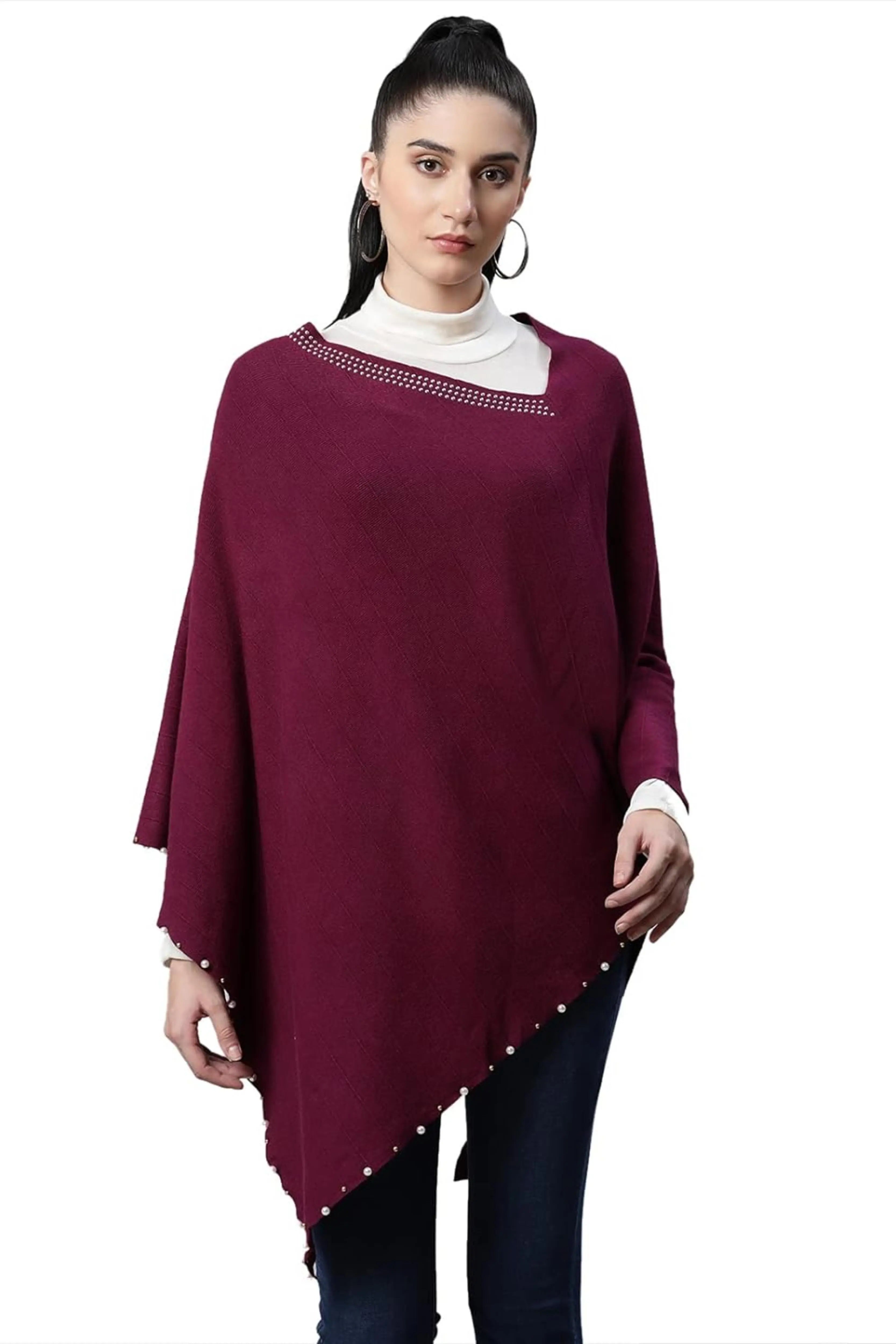 Women Solid Purple Woolen Loose Fit Casual Ponchu