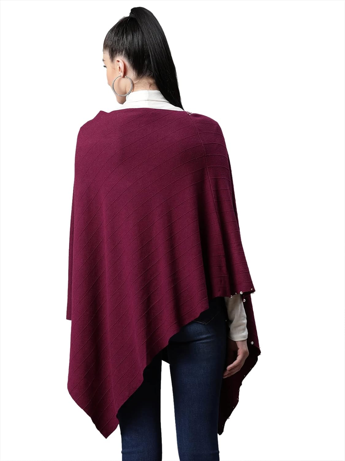 Women Solid Purple Woolen Loose Fit Casual Poncho - Global Republic